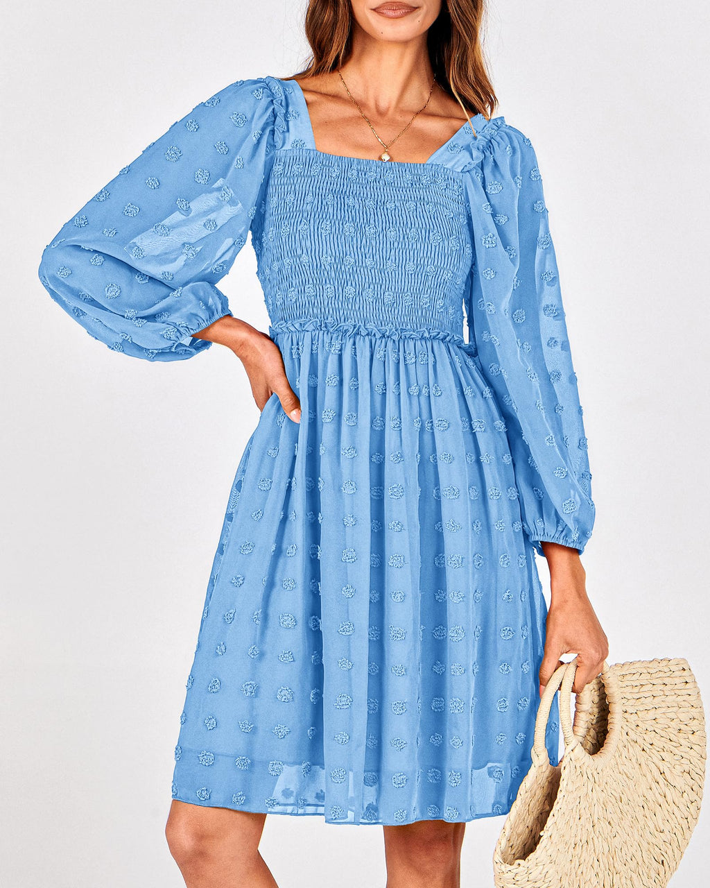BTFBM Womens Long Sleeve Dress Summer Vacation Square Neck Smocked Floral Mini Boho Spring Wedding Guest Dresses