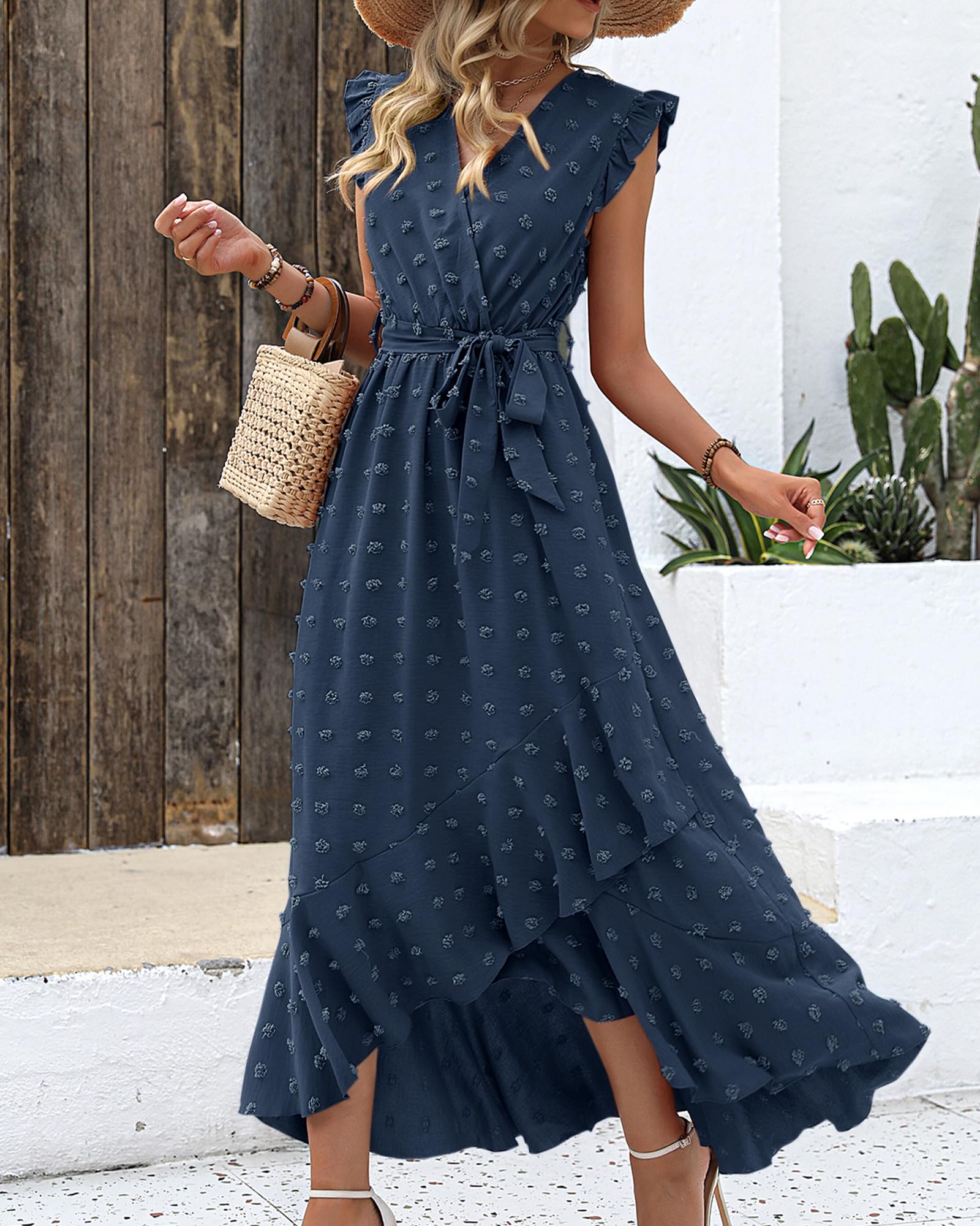 BTFBM Boho Dresses for Women Spring Fashion Cap Sleeve Swiss Dot Flowy Ruffle Beach Wedding Cocktail Maxi Dress