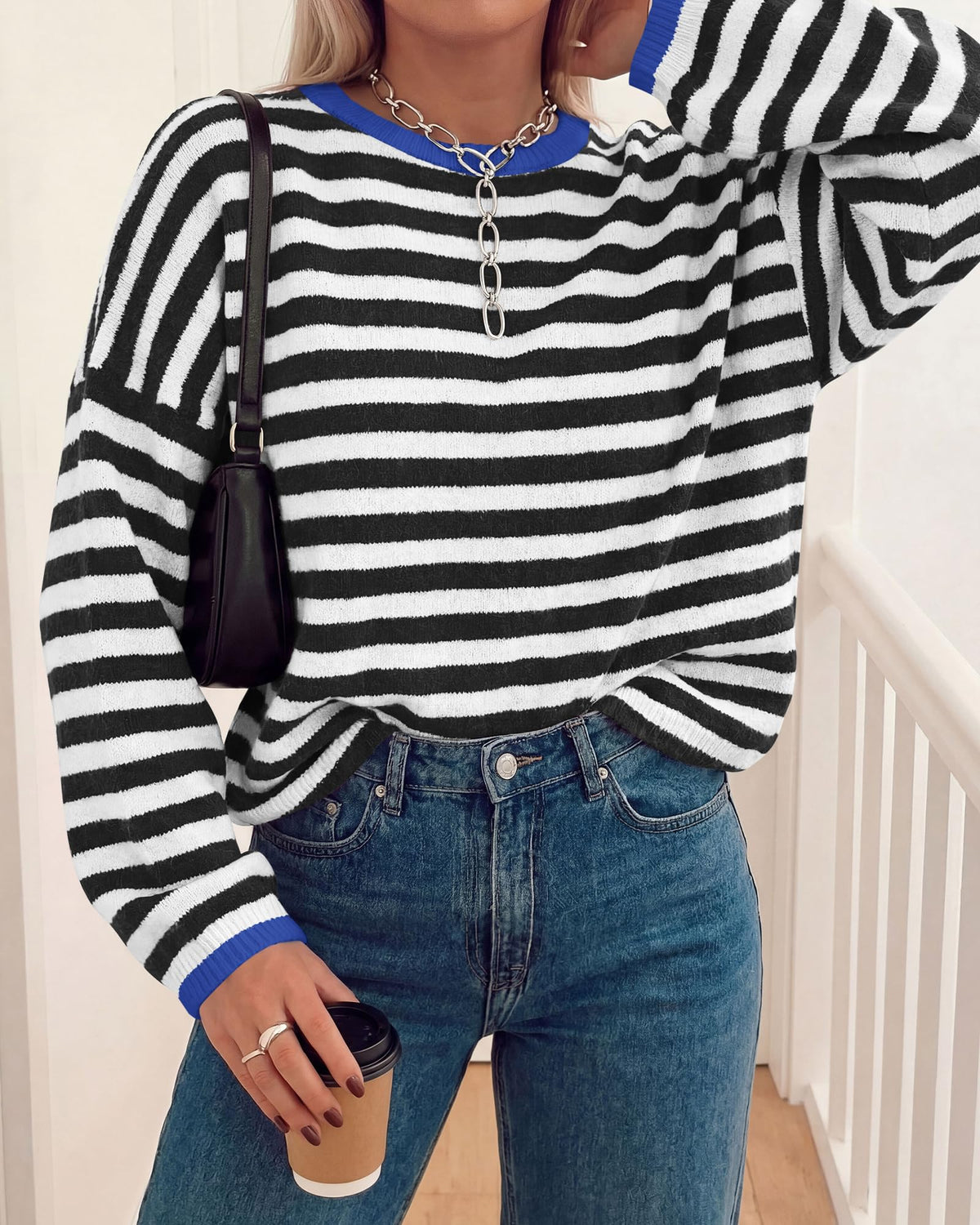 BTFBM Women's Lightweight Oversized Striped Sweater | Soft Knit Cozy Sweaters, Crew Neck Long Sleeve Pullover, y2k Color Block, Casual Holiday Outfits, Winter Fall Clothes