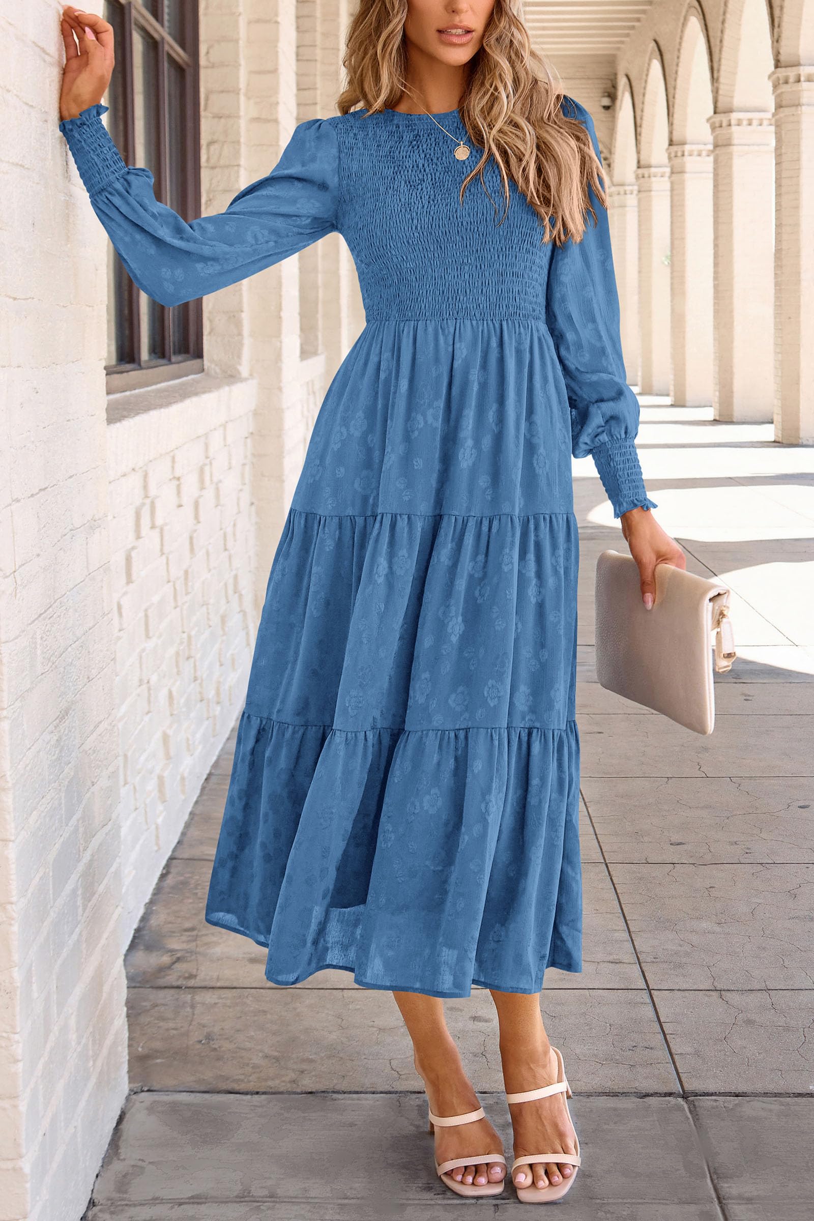 PRETTYGARDEN Women's Fall Spring Midi Dress Long Sleeve Floral Smocked Elegant Wedding Guest Long Flowy Dresses with Pockets