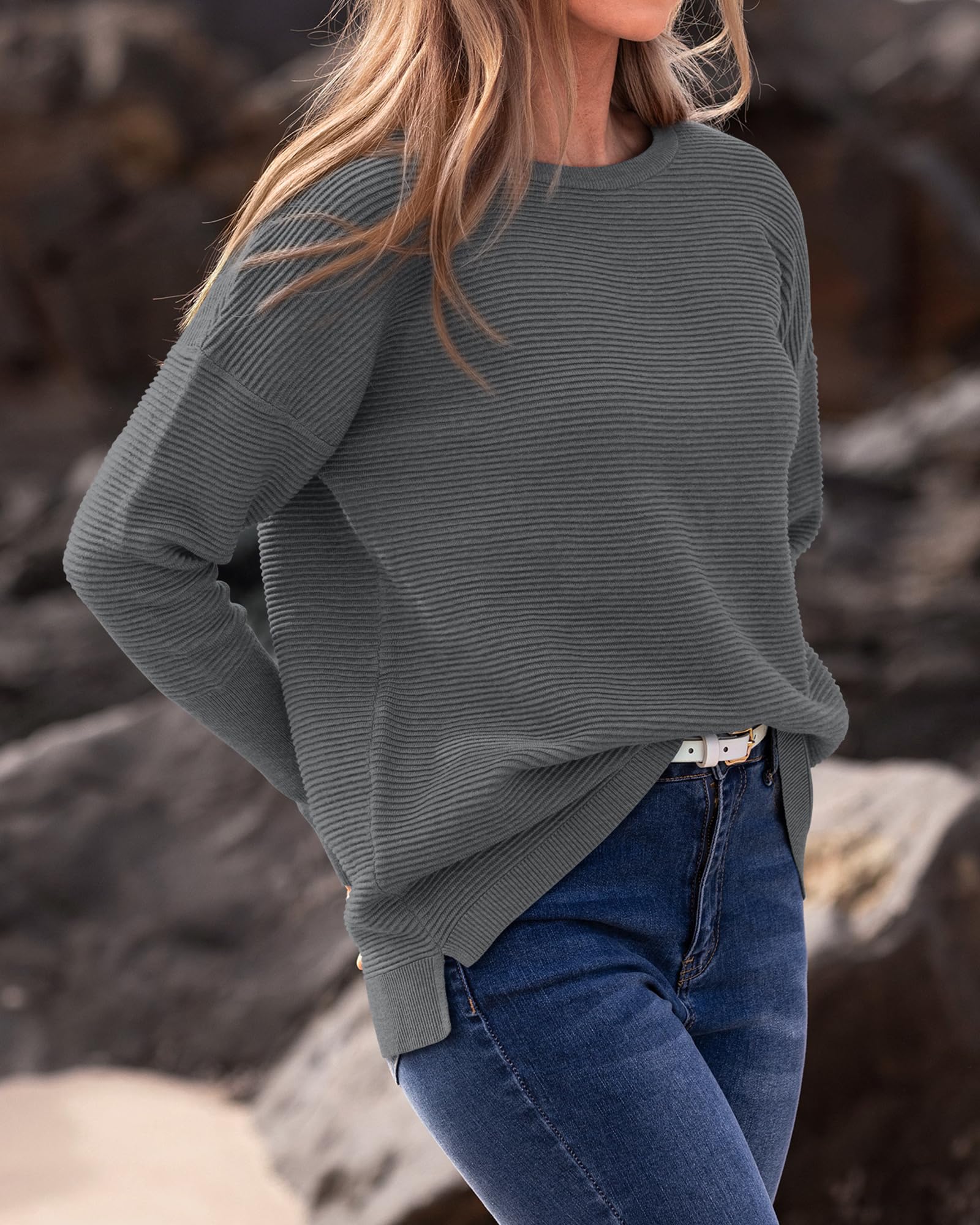 FreshPrettyFall Sweaters for Women Casual Long Sleeve Sweater Striped Loose Fit Pullover Tops