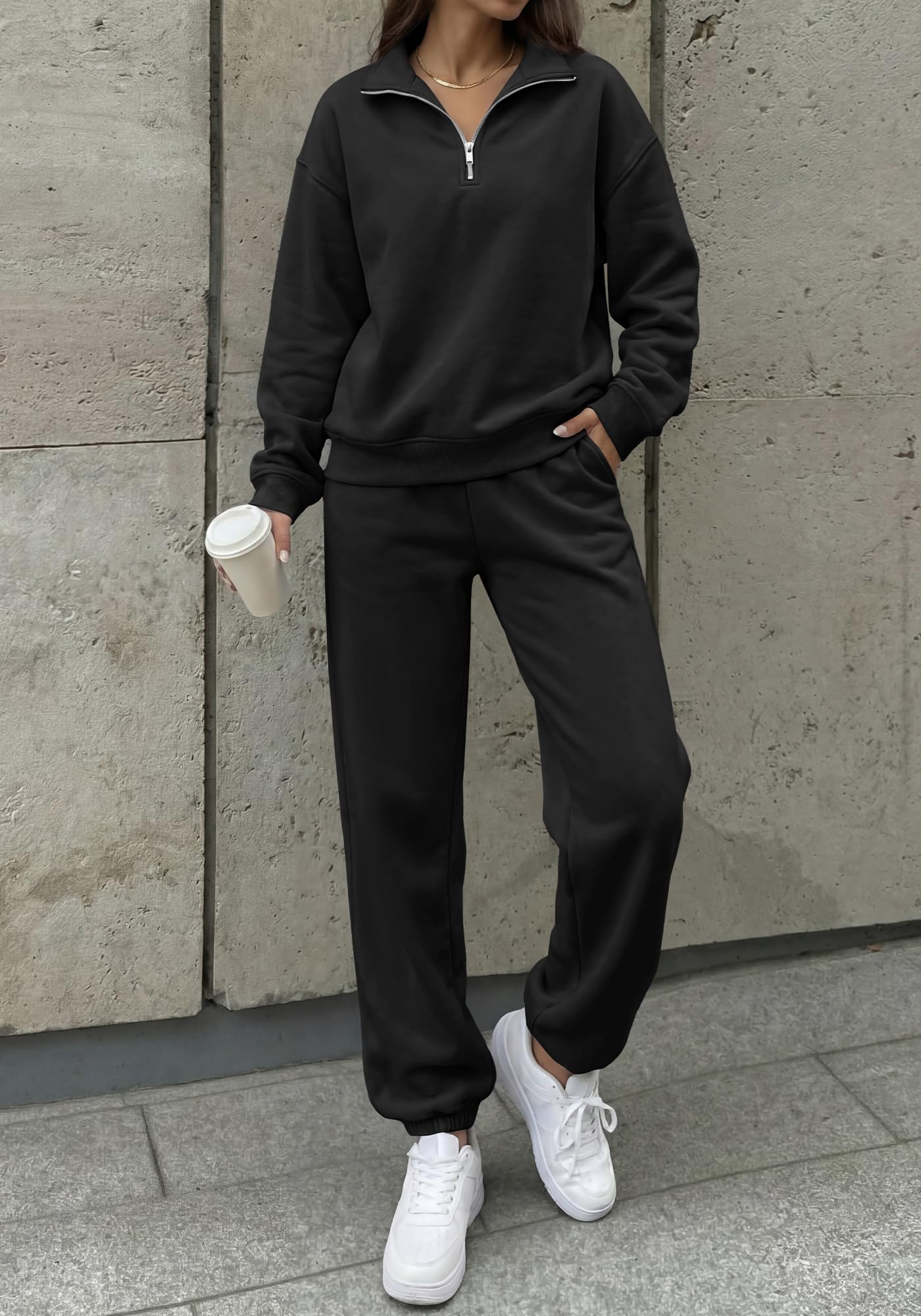 BTFBM Womens 2 Piece Outfits Sweatsuit Fleece Lounge Sets Quarter Zip Pullover Sweatshirt,Baggy Jogger Sweatpants,Fall Fashion Clothing,Airport Travel Matching Sweat Set