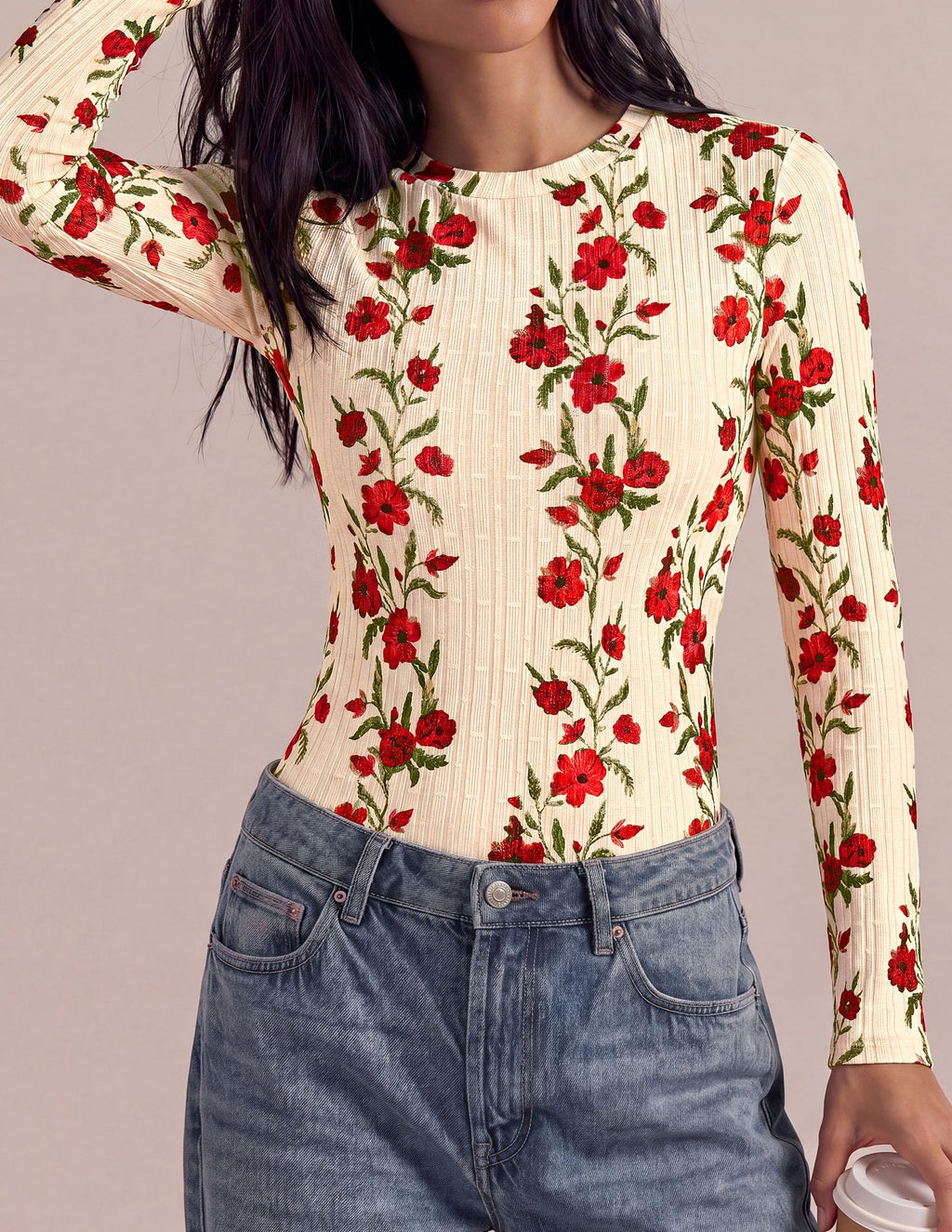 PRETTYGARDEN Womens Long Sleeve Shirts Floral Y2K Tops Soft Lightweight Ribbed Knit Top,Fitted Waist,Crew Neck Slim Fit,Going Out Vacation Outfits,Layering Fall Winter Clothes