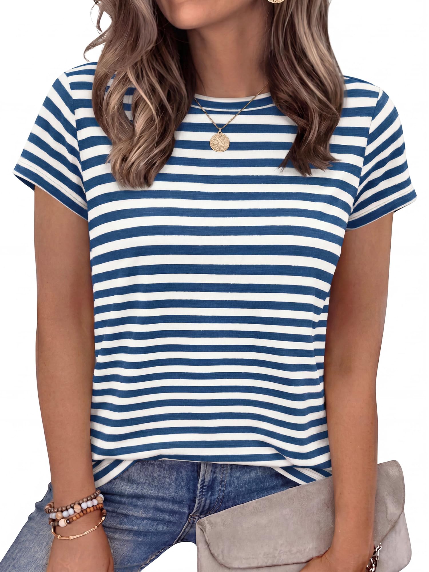 BTFBM Tops for Women Trendy Summer Crew Neck Short Sleeve T Shirts Striped Casual Vacation Blouse Basic Tee