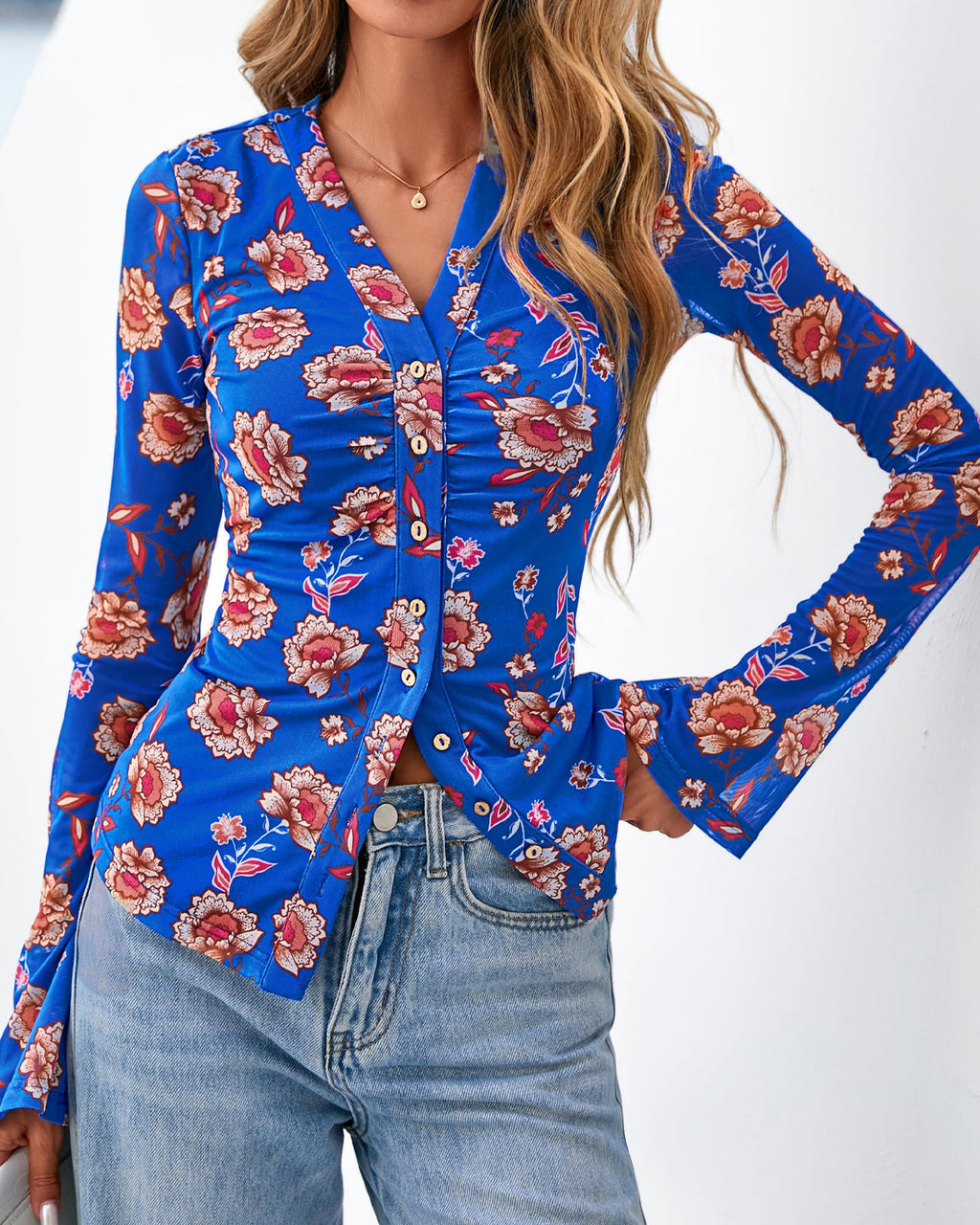 BTFBM Button Down Shirts for Women Spring Boho Tops V Neck Long Sleeve Blouses Ruched Mesh Fitted Fall Fashion
