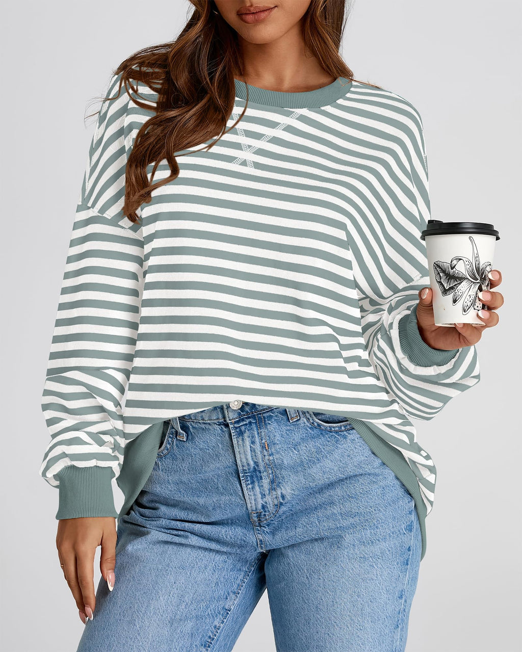 BTFBM Sweatshirt For Women Summer Crewneck Long Sleeve Oversized Striped Pullover Tops Y2K Clothes Workout Shirt