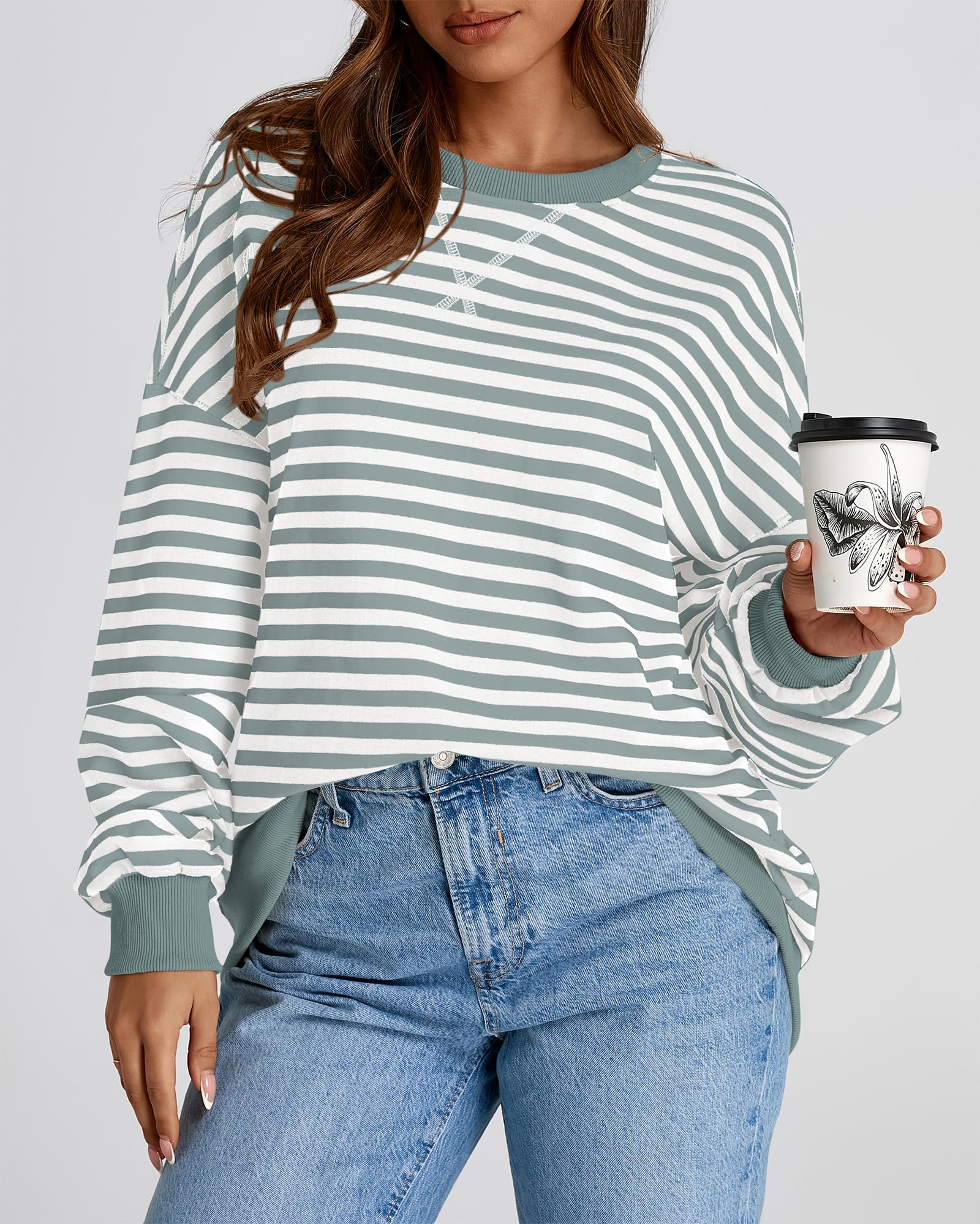 BTFBM Sweatshirt For Women Summer Crewneck Long Sleeve Oversized Striped Pullover Tops Y2K Clothes Workout Shirt