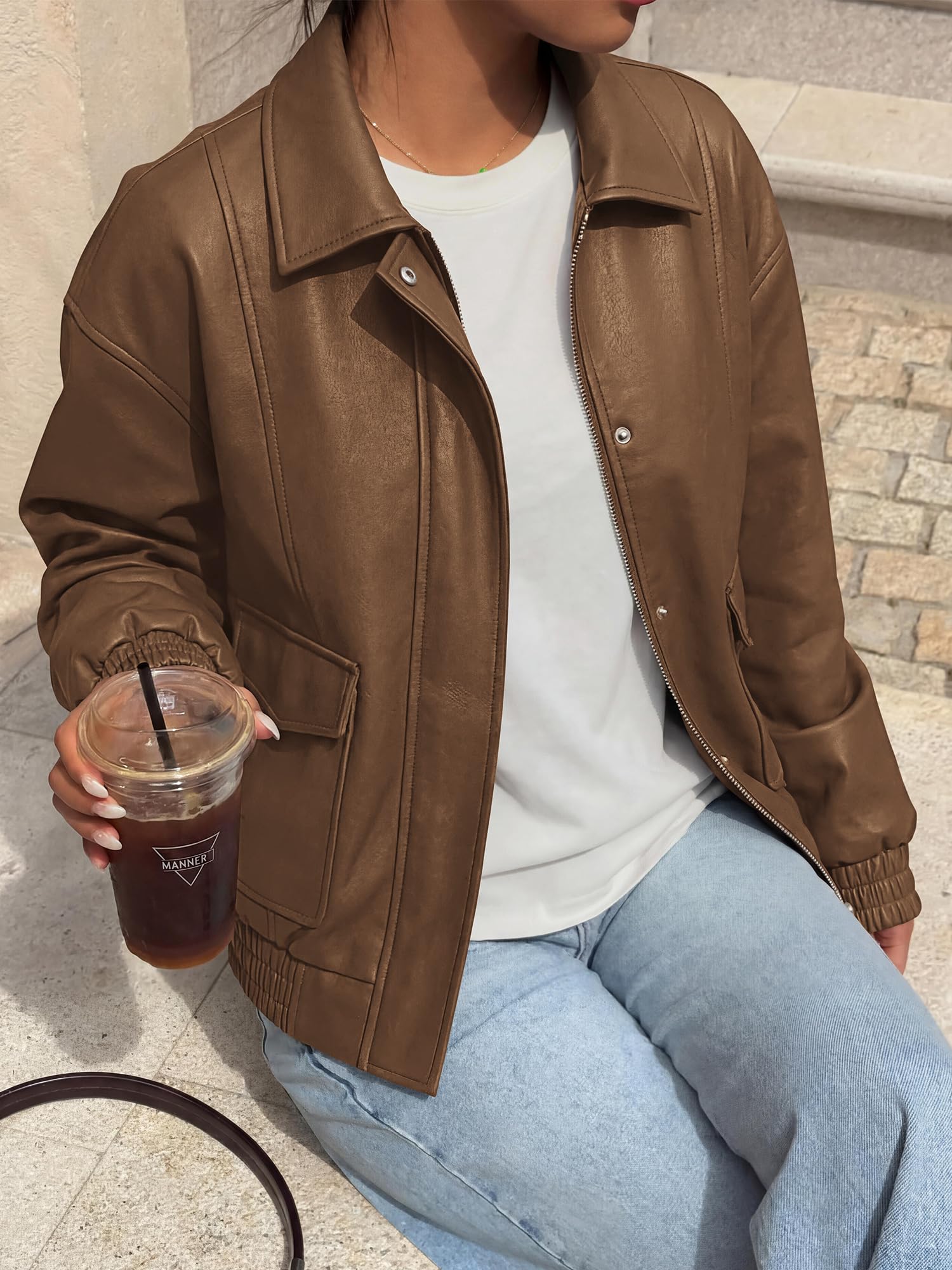 BTFBM Faux Leather Jacket Women Fall Clothes Long Sleeve, Bomber Jackets, Snaps, Pockets, Oversized, Zip Up Motorcycle Outerwear, Airport, Going Out Outfits, Winter Coat