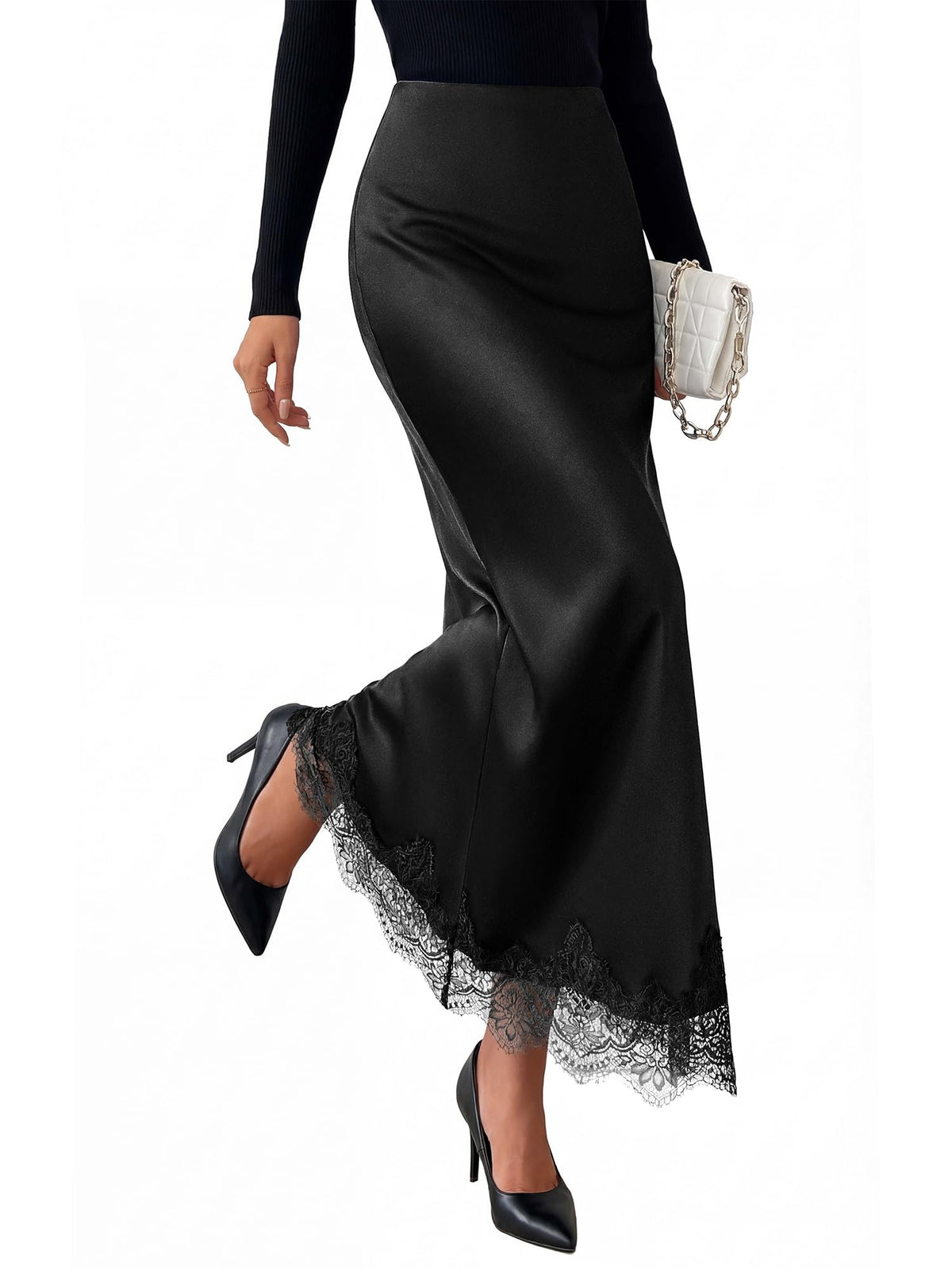 BTFBM Lace Trim Satin Skirts for Women Elegant | Lightweight, High Waist, A-Line, Flowy Maxi Skirt, Wedding, Cocktail, Graduation, Holiday Outfits, Fall Fashion Clothing