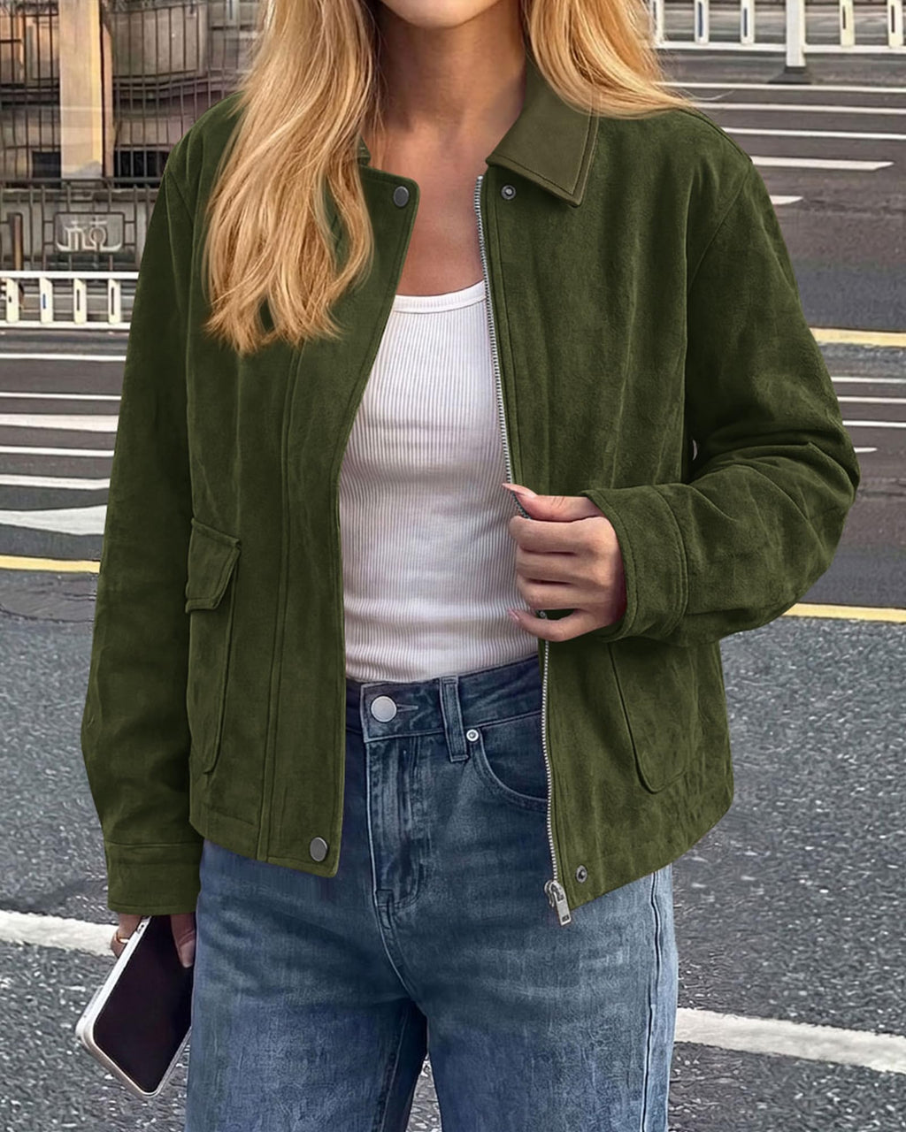 BTFBM Faux Suede Jacket Women Leather Lapel Zip Up Fall Outfits Button Down Long Sleeve Outerwear With Flap Pockets, Early Winter Coats, Motorcycle Jackets, Western Country Concert Outfits