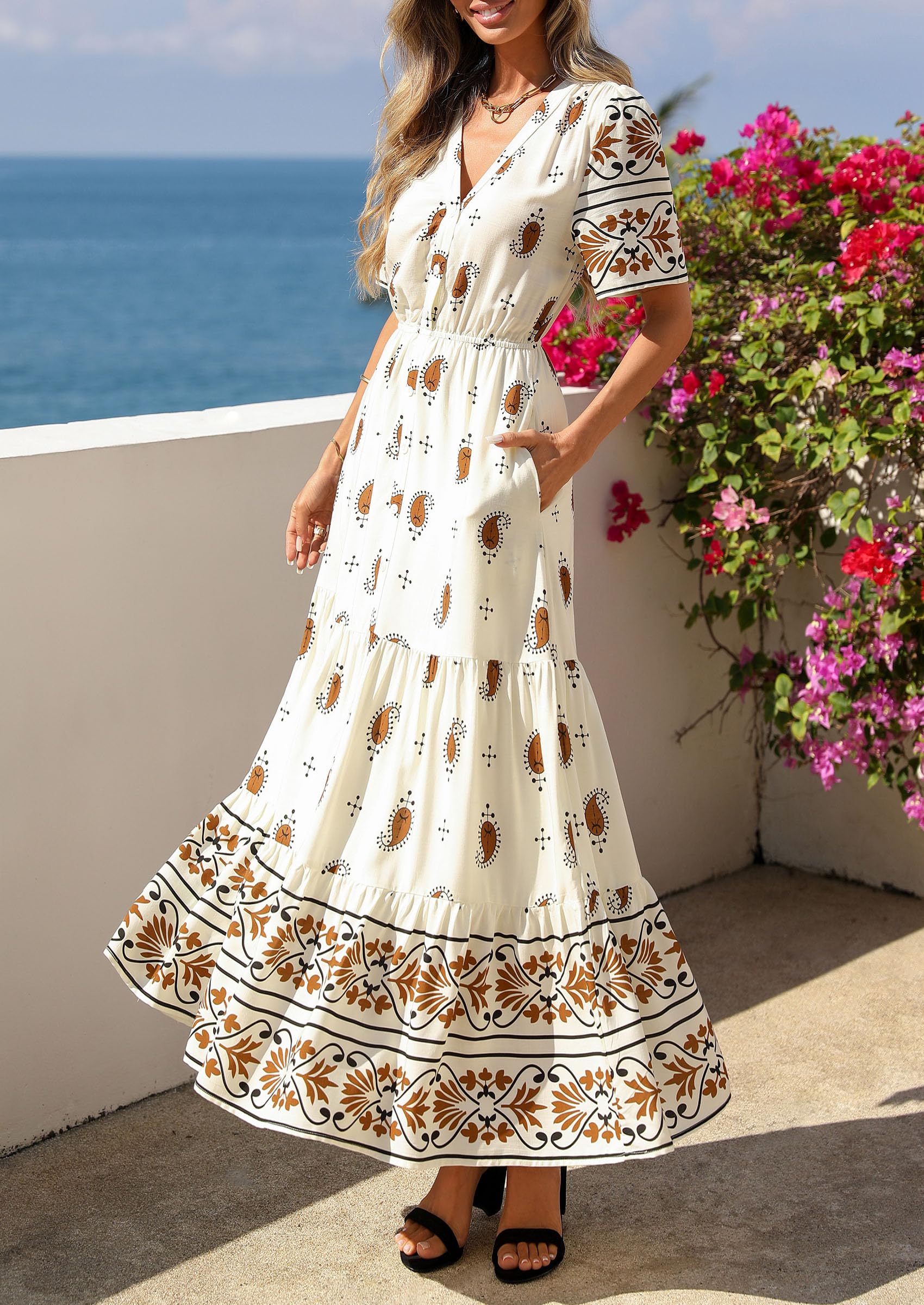PRETTYGARDEN Womens Summer Boho Maxi Dress Trendy Short Sleeve V Neck Flowy Beach Floral Dresses with Pockets