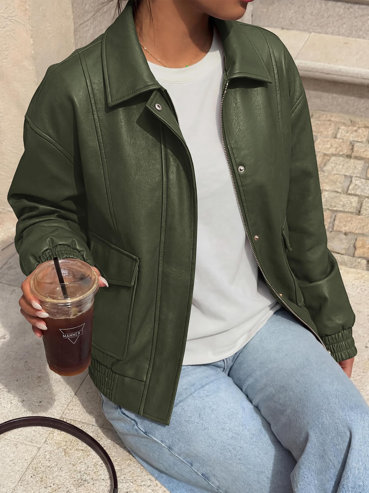 BTFBM Faux Leather Jacket Women Fall Clothes Long Sleeve, Bomber Jackets, Snaps, Pockets, Oversized, Zip Up Motorcycle Outerwear, Airport, Going Out Outfits, Winter Coat