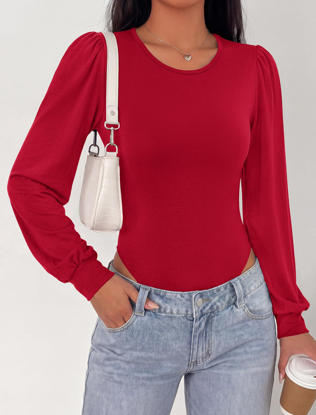 BTFBM Long Puff Sleeve Bodysuits for Women | Crew Neck 2 Snap Crotch Thong Shapewear,Stretchy Knit Leotards,Casual Y2K Going Out Tops,Winter Layer,Fall Fashion Clothing