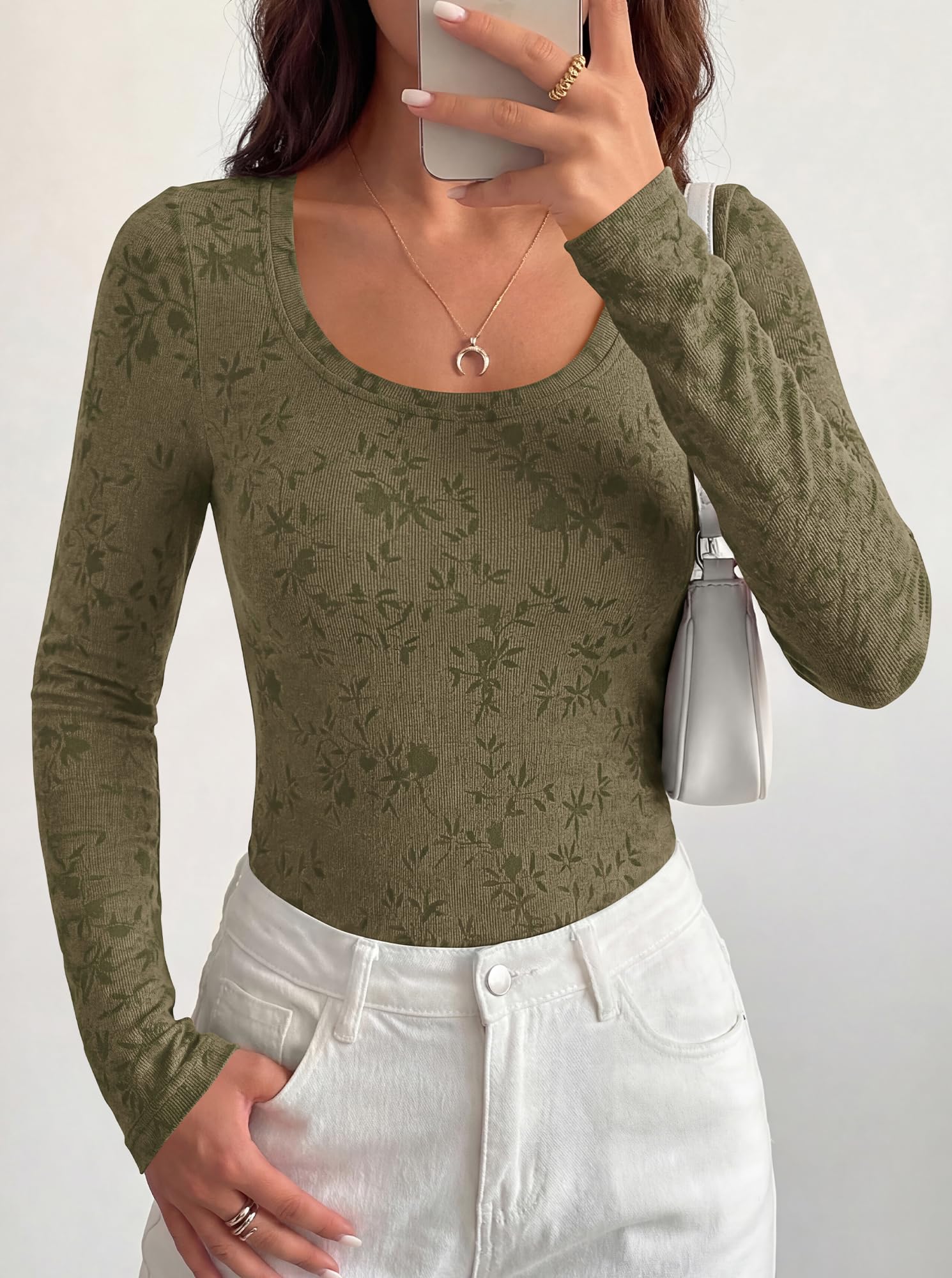 BTFBM Women's Long Sleeve Scoop Neck Shirts Floral Tops | Casual Women Fall Clothes, Ribbed Slim Fitted T-Shirts, y2k Fashion Clothing, Concert Going Out Top, Club Date Night Outfits