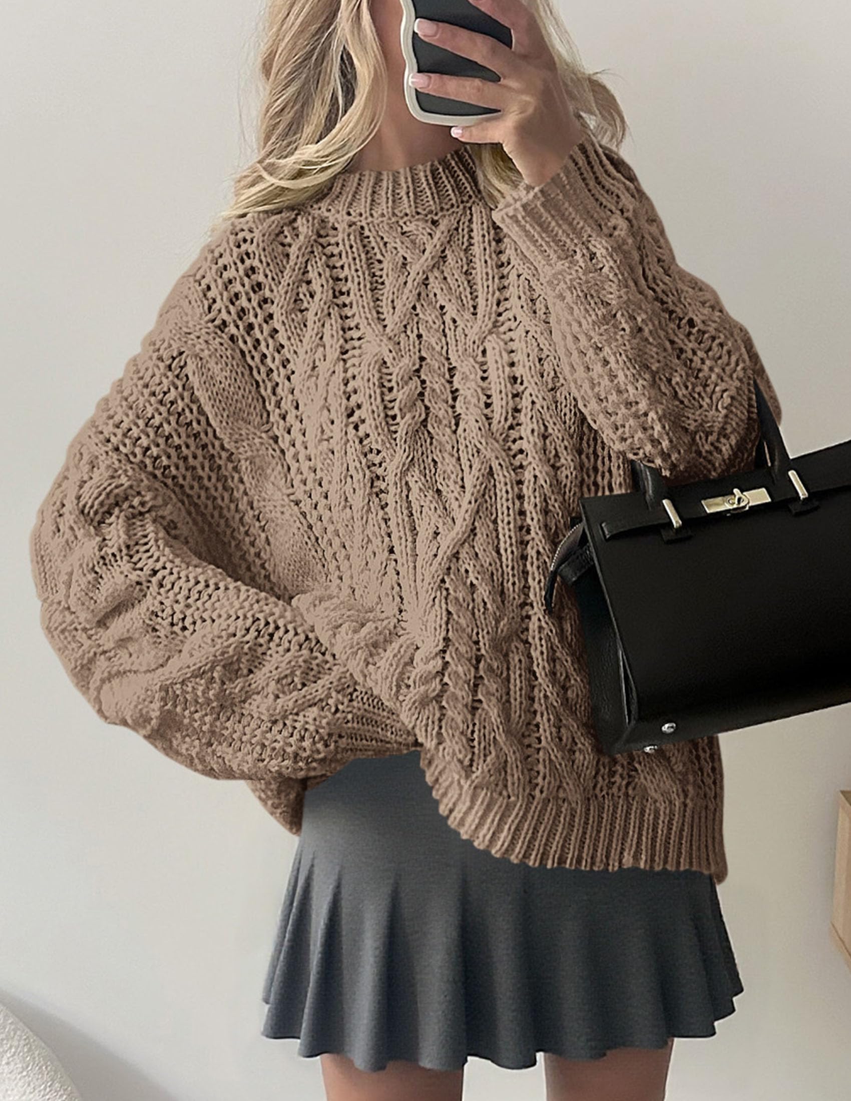 PRETTYGARDEN Women's Oversized Fall Sweaters Casual Long Sleeve Crewneck Chunky Cable Knit Pullover Tops Winter Clothes