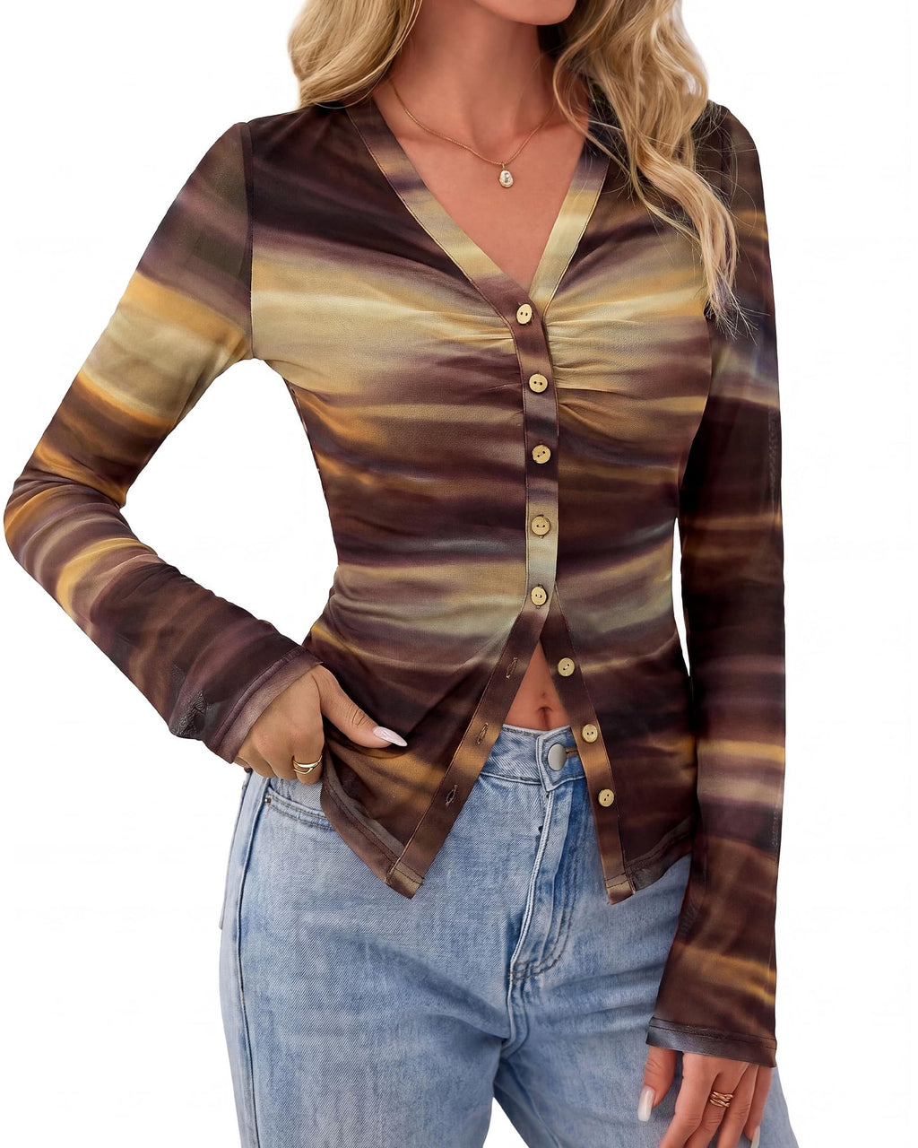 BTFBM Button Down Shirts for Women Spring Boho Tops V Neck Long Sleeve Blouses Ruched Mesh Fitted Fall Fashion