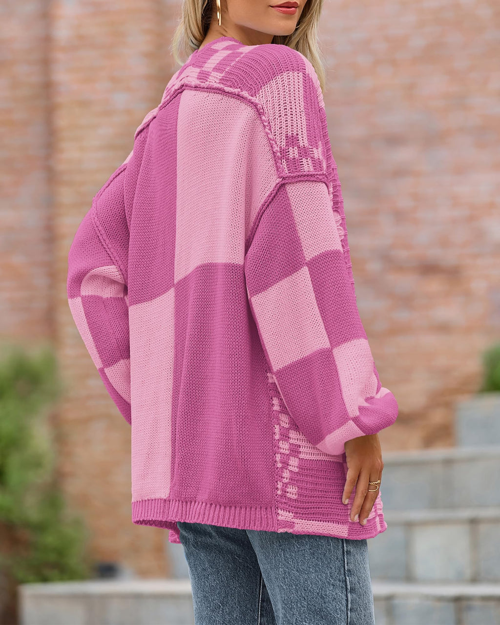 BTFBM Casual Cardigan Sweater for Women Fall Long Sleeve Sweaters Fall Outfits, Loose Fit,Solid,Open Front Chunky Knit Sweaters,Chunky Cardigan Sweaters For Women,Checkered Outwear Coat