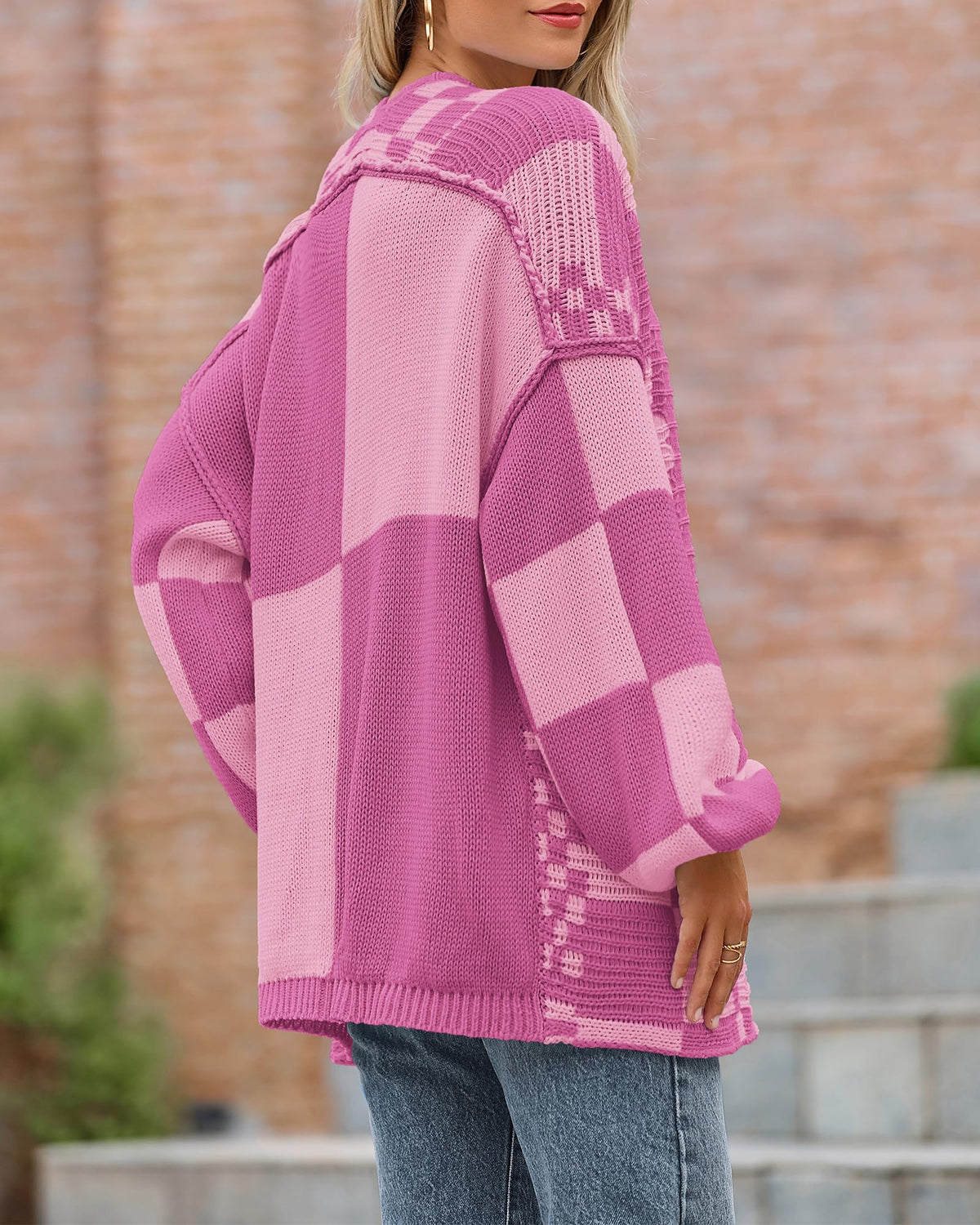 BTFBM Casual Cardigan Sweater for Women Fall Long Sleeve Sweaters Fall Outfits, Loose Fit,Solid,Open Front Chunky Knit Sweaters,Chunky Cardigan Sweaters For Women,Checkered Outwear Coat