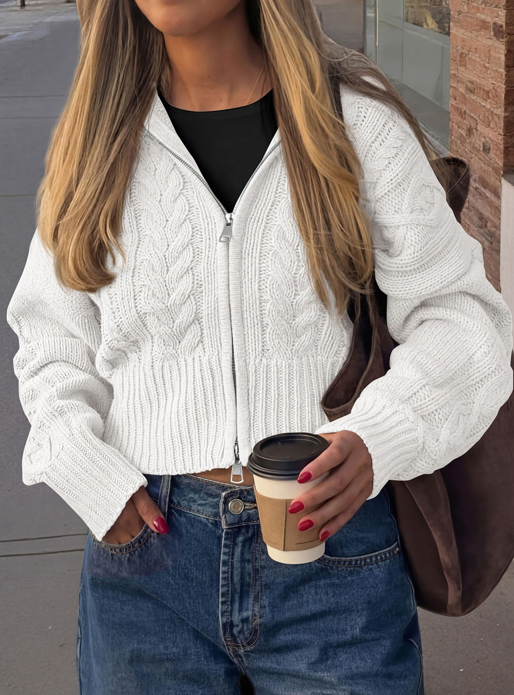 PRETTYGARDEN Women's Cable Knit Cropped Cardigan Sweaters Oversized Sweater, Long Sleeve Zip Up Jacket, Collared Neck, Ribbed Hem, Cozy Soft Casual Wear, Fall Clothes Winter Outerwear