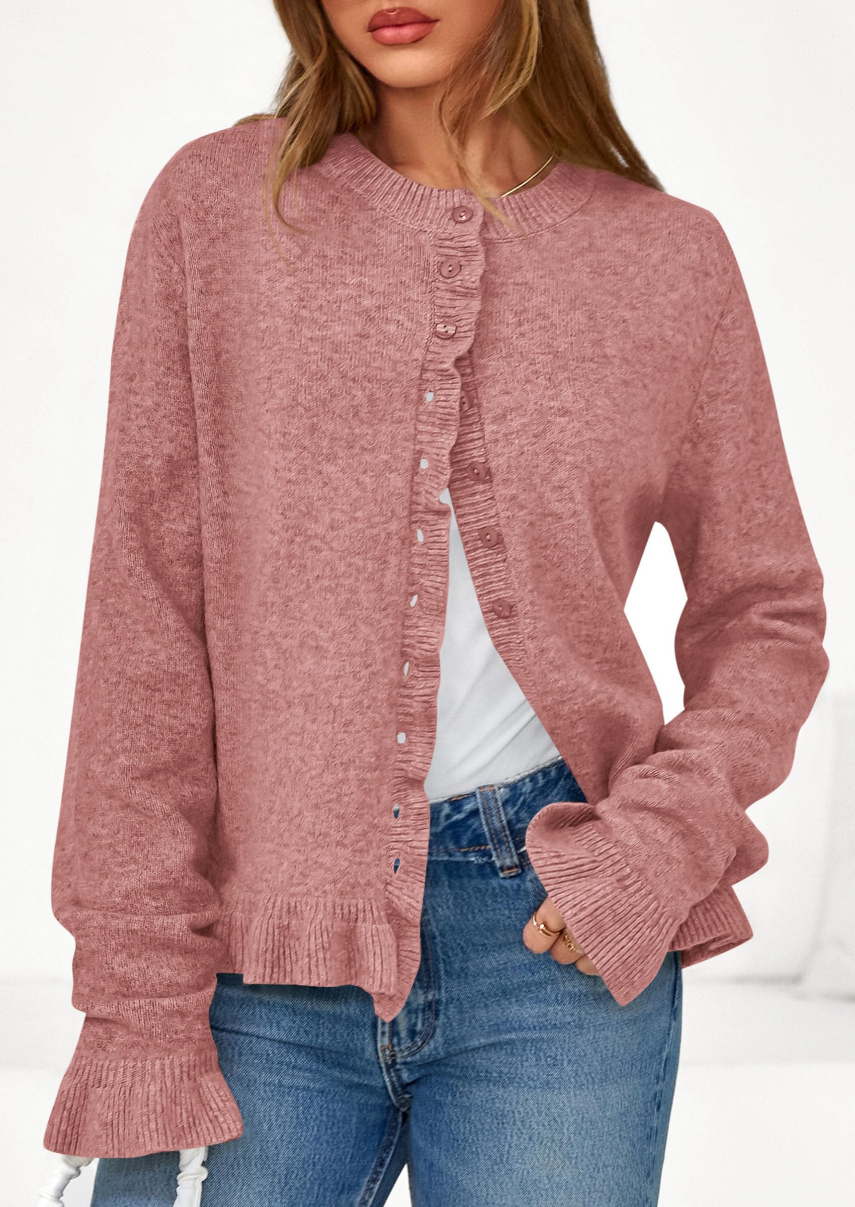 PRETTYGARDEN Womens Fall Button Down Cardigans Chunky Knit Ruffle Open Front Cropped Cardigan Sweaters Soft Long Sleeve Tops