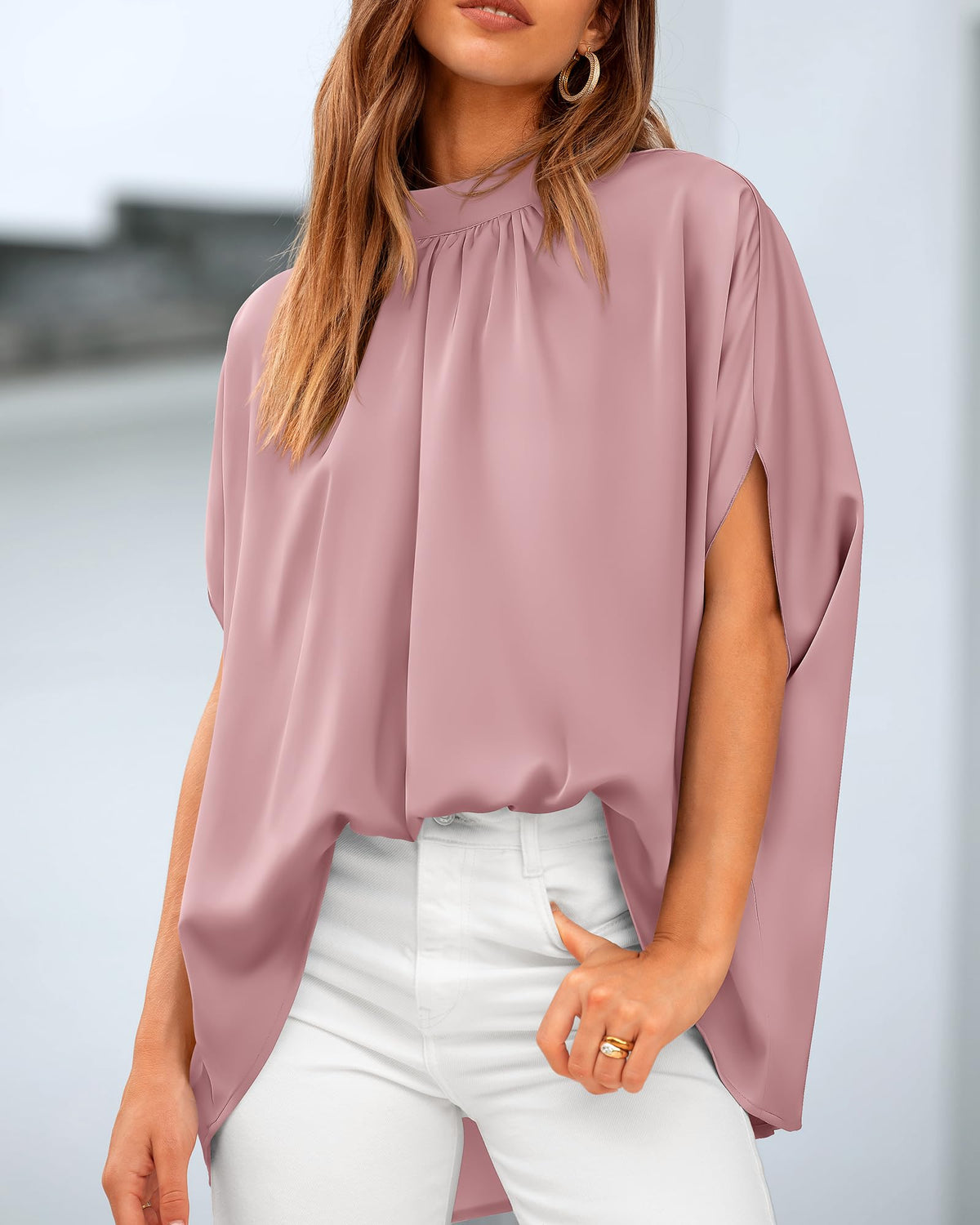 BTFBM Womens Summer Tops Mock Neck Batwing Sleeve Silk Satin Shirts Loose Oversized Dressy Casual Spring Blouses