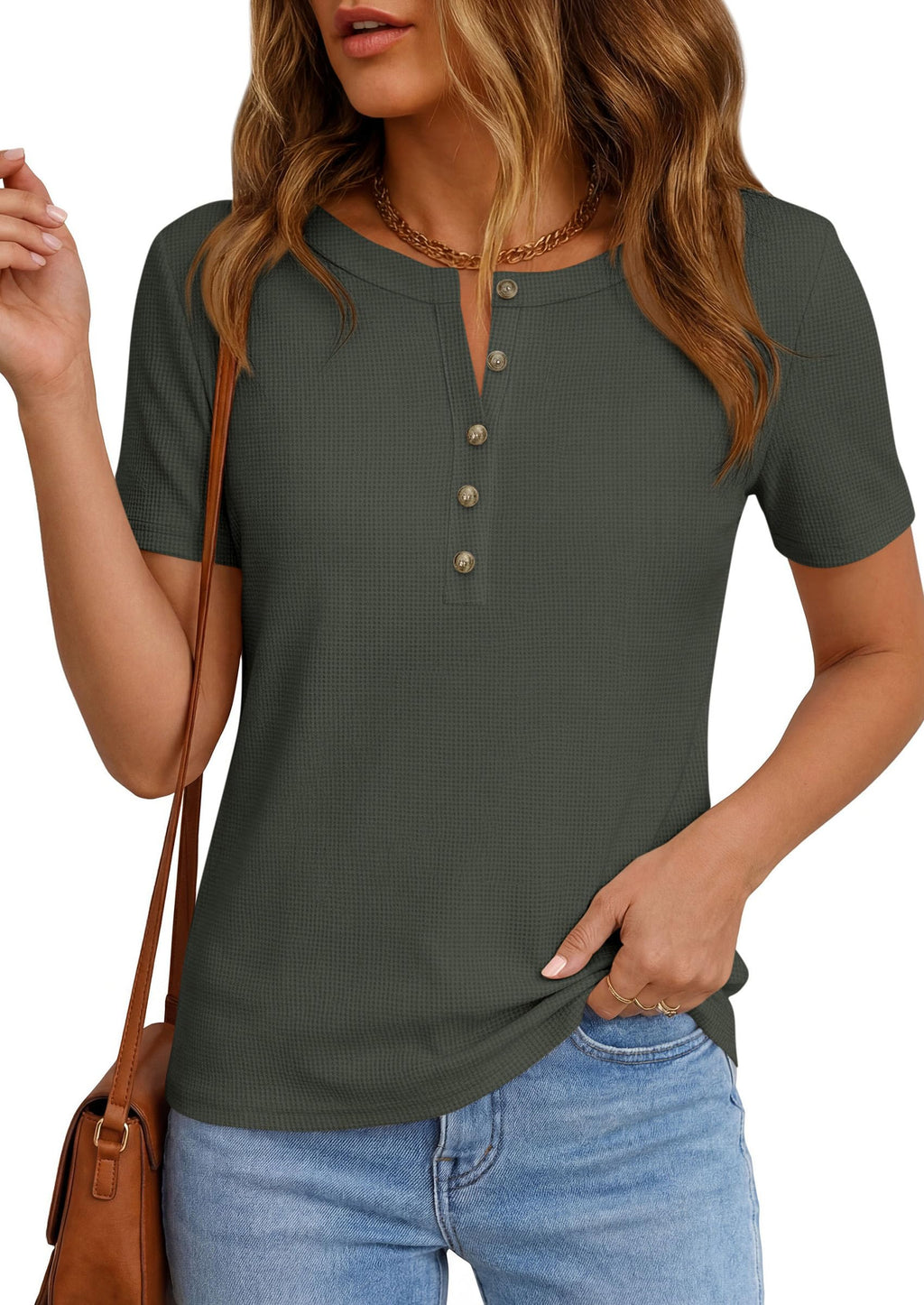PRETTYGARDEN Waffle Knit Tops for Women Short Sleeve Henley Shirts  Summer Blouses Dressy Casual Spring Fashion Clothes