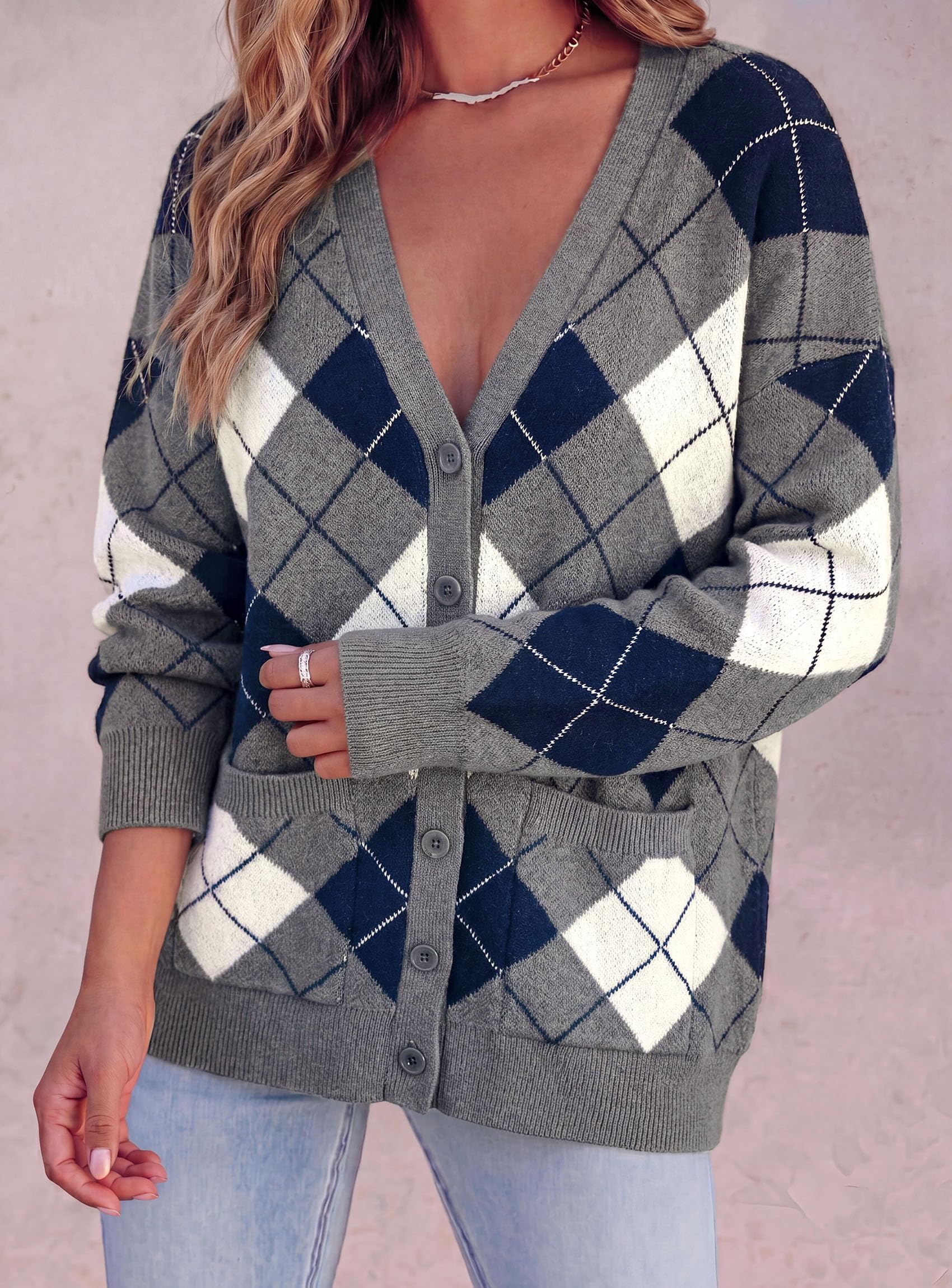 PRETTYGARDEN Women's Cardigan Argyle Winter Sweaters Cozy Warm Chunky Knit, Long Sleeve V Neck, Color Block Plaid, Button Up Pocket,Trendy Fall Jackets, Holiday Going Out Outfits