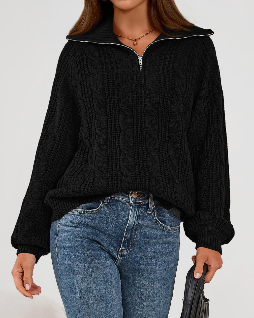 BTFBM Sweaters for Women Fall Fashion Loose Quarter Zip Pullover Collared Long Sleeve Cable Knit Winter Clothes