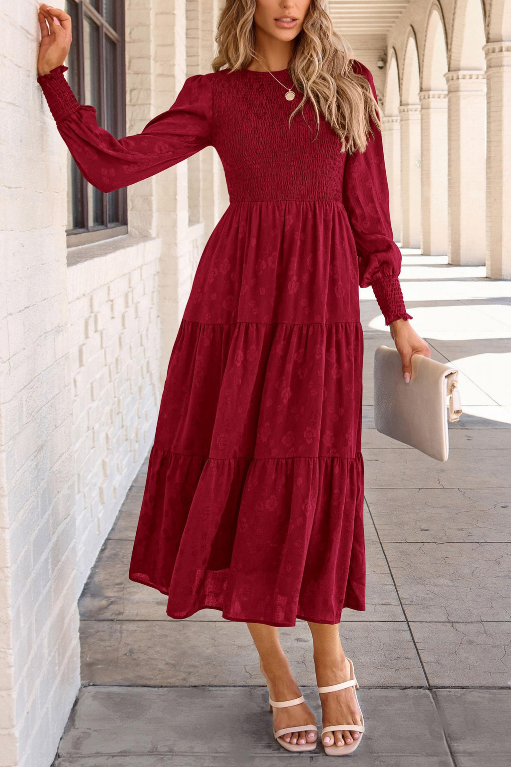 PRETTYGARDEN Women's Fall Spring Midi Dress Long Sleeve Floral Smocked Elegant Wedding Guest Long Flowy Dresses with Pockets