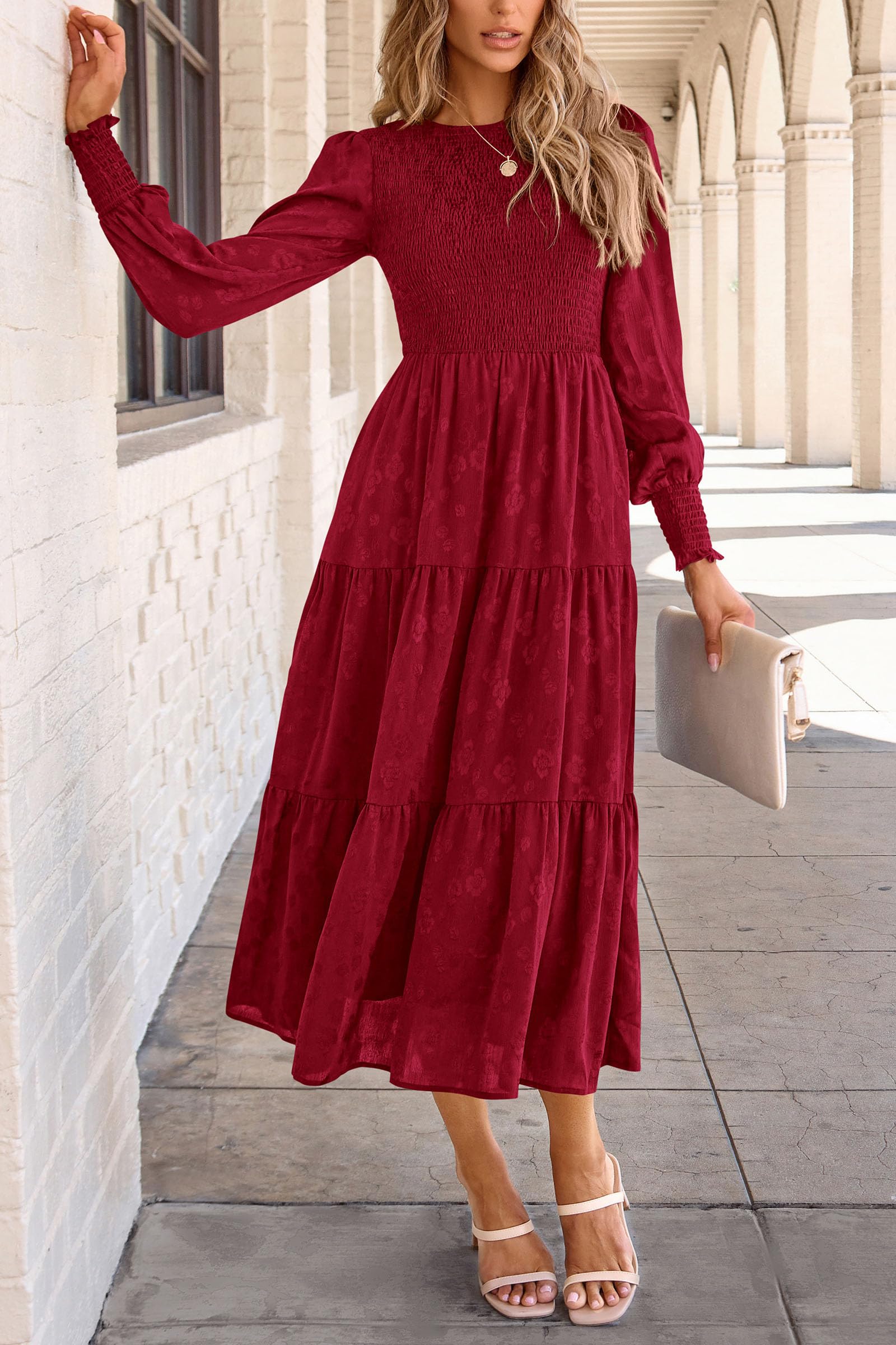 PRETTYGARDEN Women's Fall Spring Midi Dress Long Sleeve Floral Smocked Elegant Wedding Guest Long Flowy Dresses with Pockets