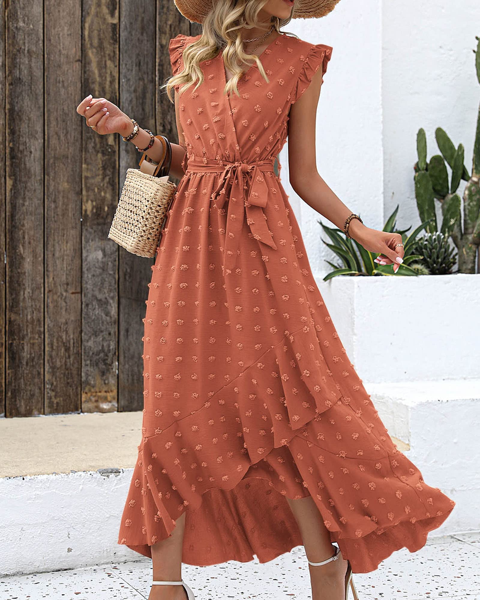 FreshPretty Women V Neck Summer Dress Cap Sleeve Swiss Dot Boho Flowy Ruffle Slit Beach Party Long Maxi Cocktail Dresses
