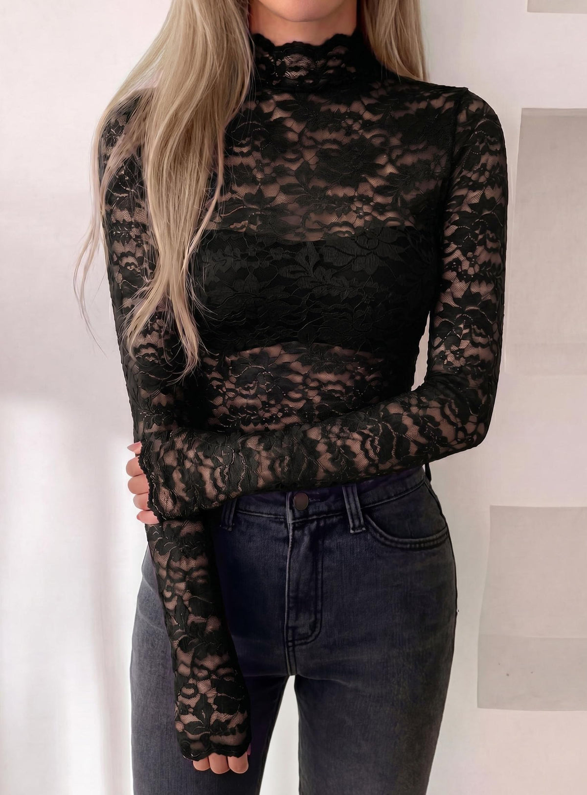 PRETTYGARDEN Womens Lace Long Sleeve Tops Sheer Mesh Blouse | Mock Neck Floral See Through, Slim Fitted, Soft Stretchy Elegant, Going Out Concert, Club Party Outfits, Fall Fashion Clothes