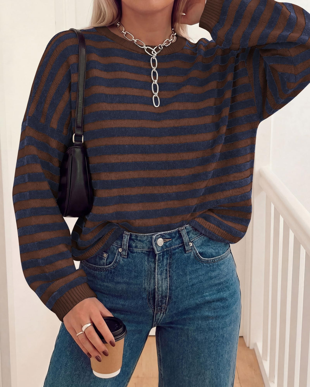 BTFBM Women's Lightweight Oversized Striped Sweater | Soft Knit Cozy Sweaters, Crew Neck Long Sleeve Pullover, y2k Color Block, Casual Holiday Outfits, Winter Fall Clothes
