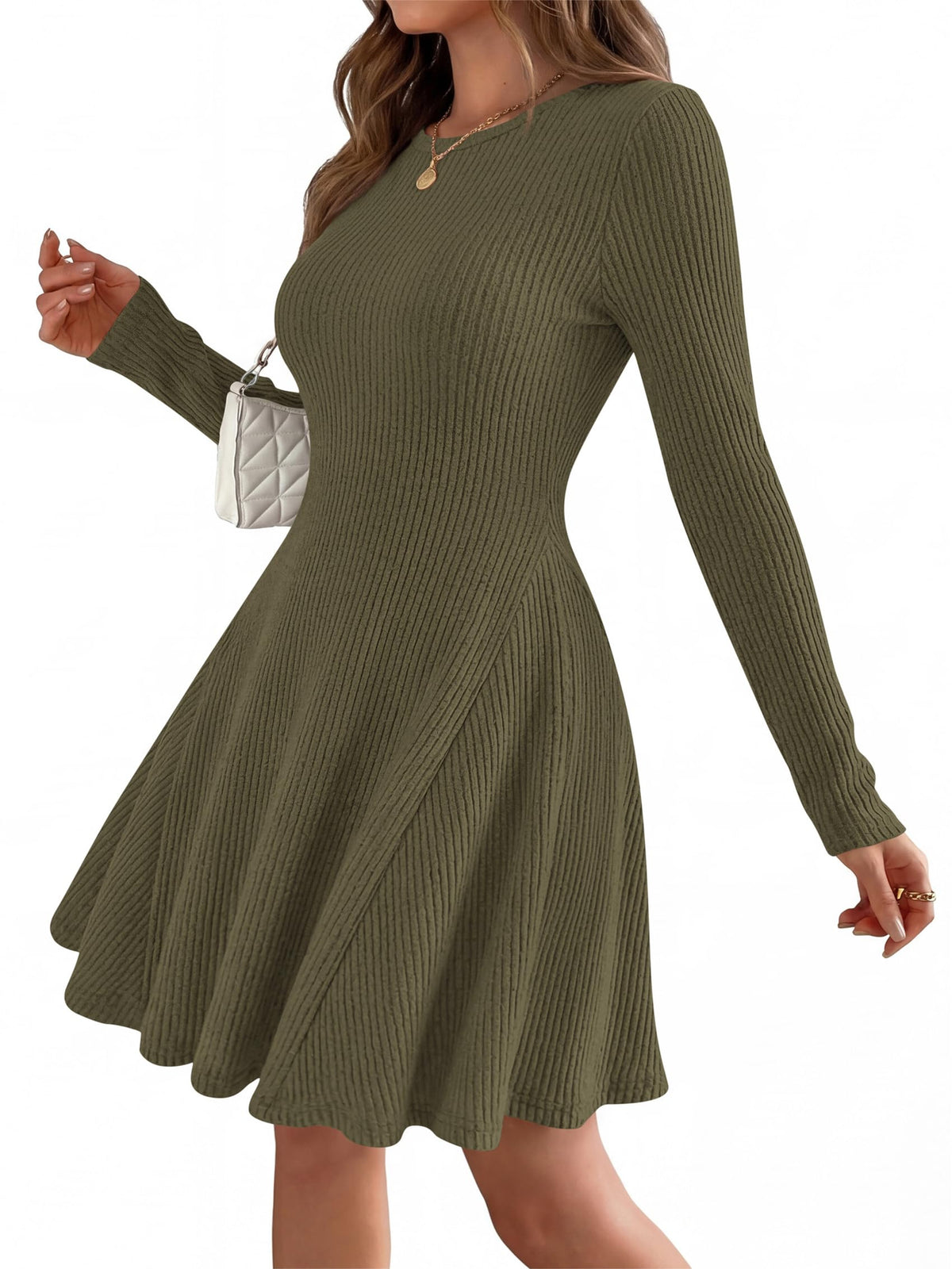 FreshPretty Womens Fall Long Sleeve Mini Sweater Dress,Fit and Flare Crewneck,Soft Lightweight Ribbed Knit,Casual A Line Short Cocktail Dresses,Elegant Fall Fashion Clothes