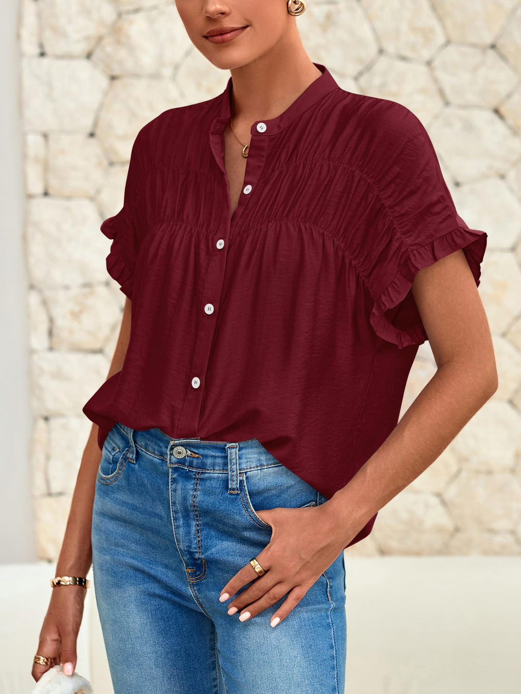 FreshPretty Womens Button Down Shirts Ruffle Short Sleeve Loose Summer Tops Dressy Casual V Neck Business Work Blouses
