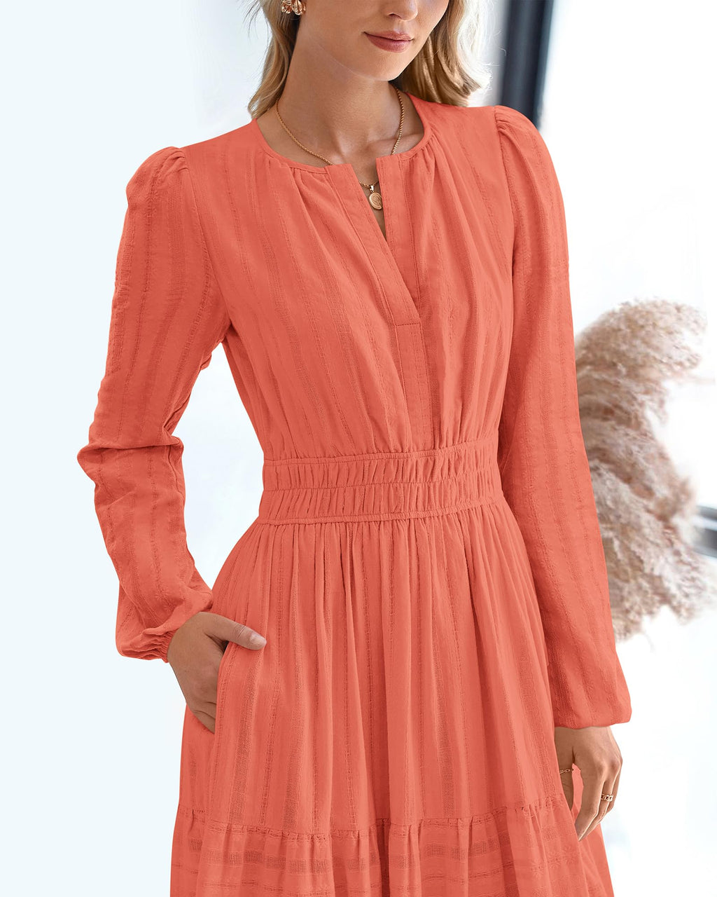 BTFBM Spring Dresses for Women 2026 Casual Long Sleeve V Neck Elastic Waist Lightweight Maxi Wedding Guest Dress Pockets