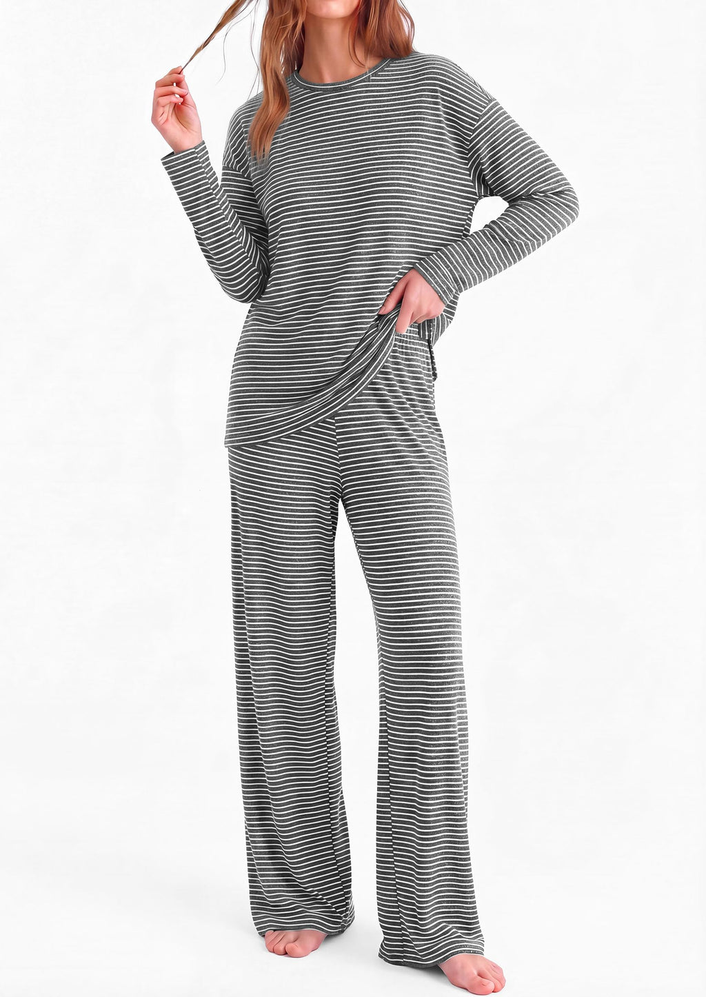 PRETTYGARDEN Womens Striped Lounge Set Fall Winter 2 Piece Sets Side Slit Long Sleeve T-Shirts & Wide Leg Pants, Matching Pajama Sets, Comfy Pj Set, Loungewear with Pockets, Fashion Clothes