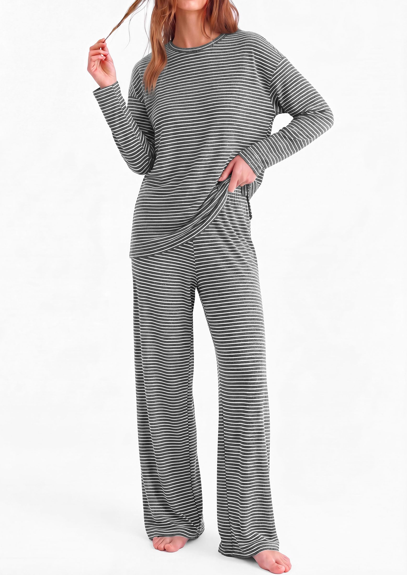 PRETTYGARDEN Womens Striped Lounge Set Fall Winter 2 Piece Sets Side Slit Long Sleeve T-Shirts & Wide Leg Pants, Matching Pajama Sets, Comfy Pj Set, Loungewear with Pockets, Fashion Clothes