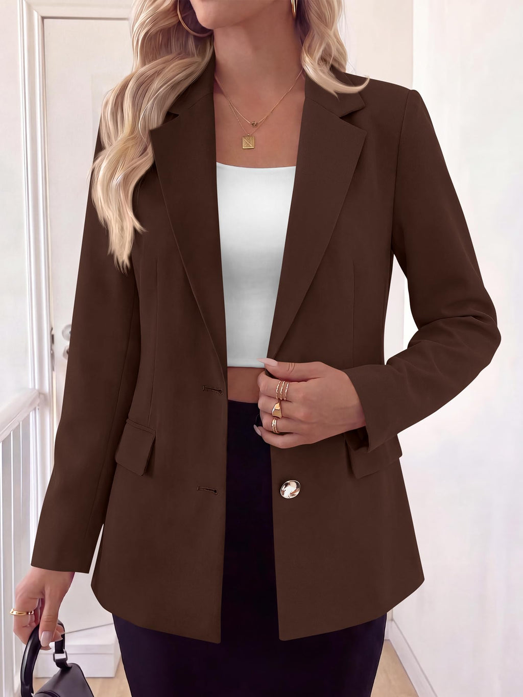 BTFBM Blazers for Women Business Casual Outfits Work Fall Clothes Breasted Notch Lapel, Long Sleeve, Gold Button, Fitted, Open Front Suit Jackets, Pockets, Dressy Professional Office Blazer
