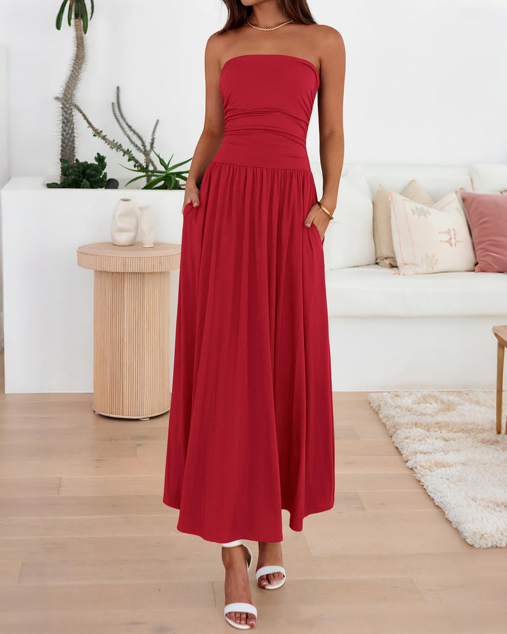 BTFBM Summer Maxi Dresses for Women Strapless Ruched Tube Top Beach Vacation Spring Wedding Guest Dress Pockets