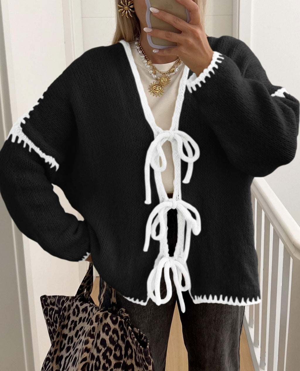 PRETTYGARDEN Women's Tie Front Bow Cardigan Sweaters Chunky Knit Long Puff Sleeve Trendy Fall Winter Jacket Coat