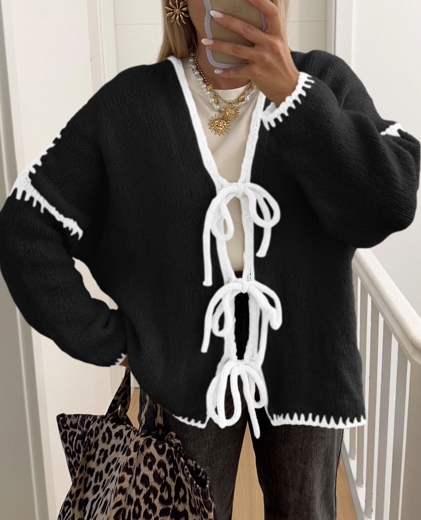 PRETTYGARDEN Women's Tie Front Bow Cardigan Sweaters Chunky Knit Long Puff Sleeve Trendy Fall Winter Jacket Coat