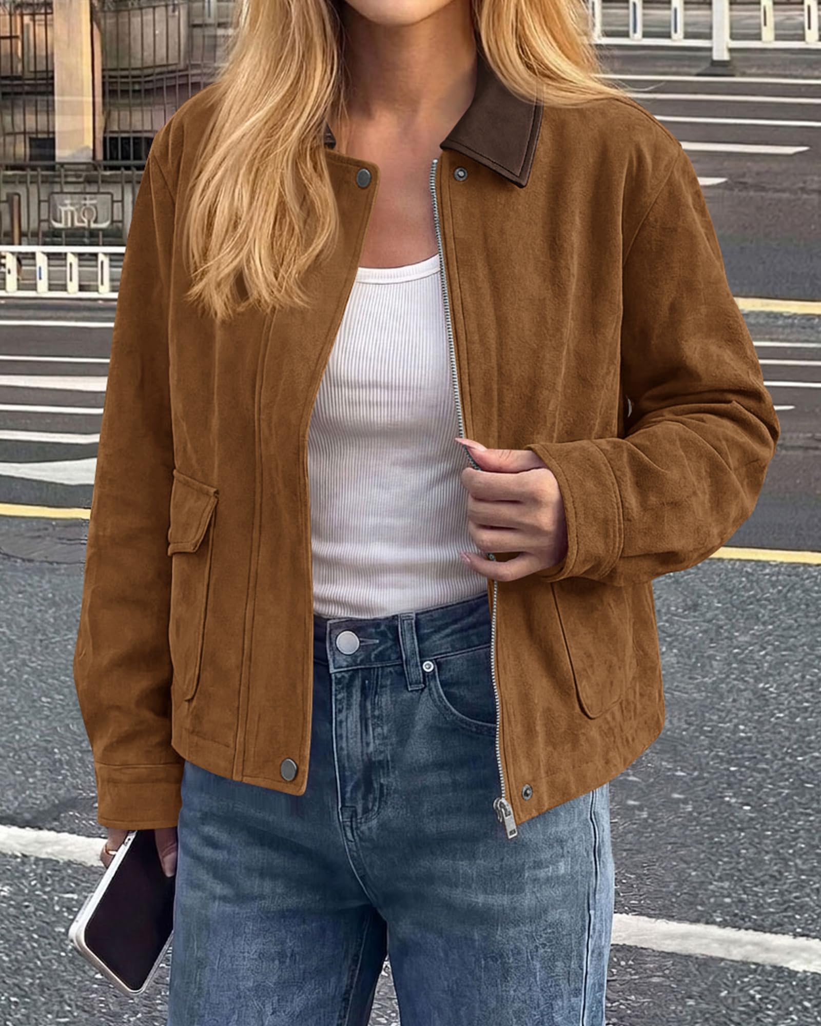 BTFBM Faux Suede Jacket Women Leather Lapel Zip Up Fall Outfits Button Down Long Sleeve Outerwear With Flap Pockets, Early Winter Coats, Motorcycle Jackets, Western Country Concert Outfits