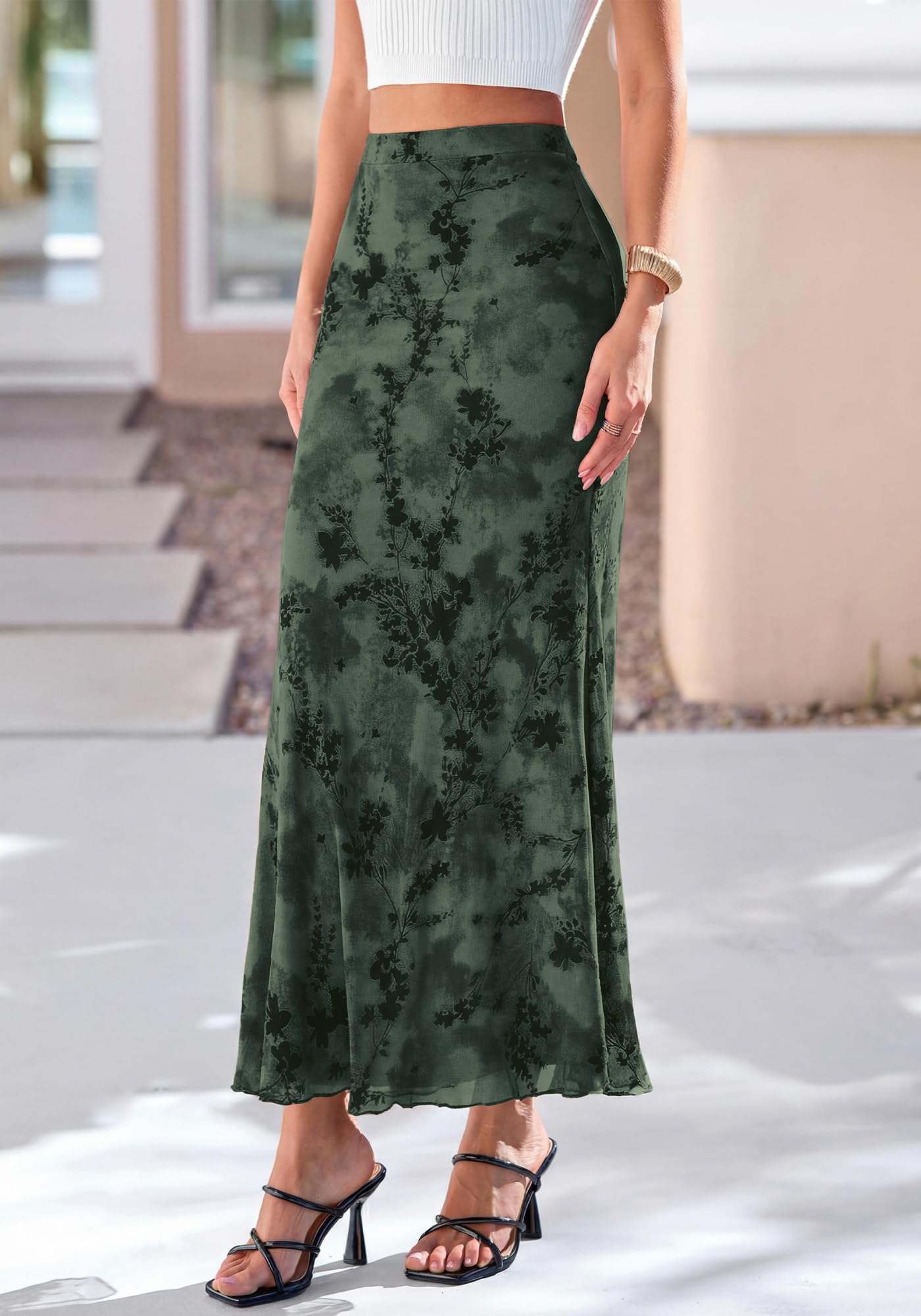 BTFBM Womens Floral Mesh Maxi Skirt Spring Summer Elastic High Waisted Boho Elegant Mermaid Long Skirts for Women