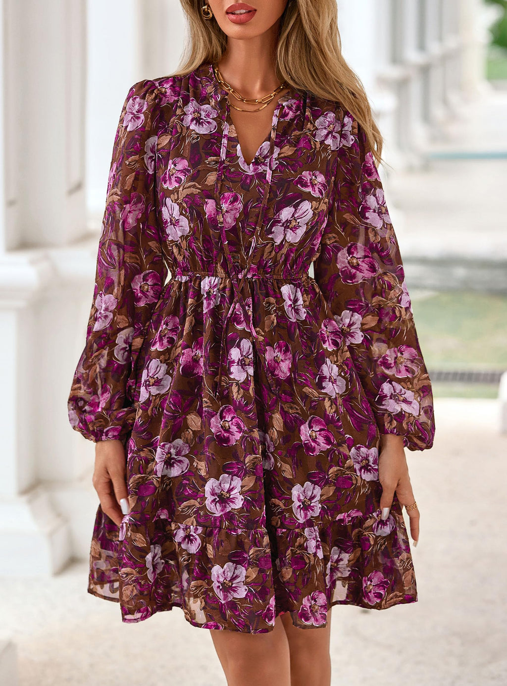 PRETTYGARDEN Women's Fall Boho Dresses  Floral Long Sleeve V Neck Mini Flowy Wedding Guest Dress Trendy Vacation Outfits