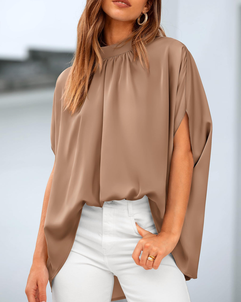 BTFBM Womens Summer Tops Mock Neck Batwing Sleeve Silk Satin Shirts Loose Oversized Dressy Casual Spring Blouses