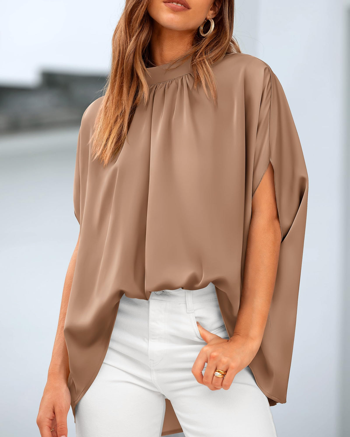 BTFBM Womens Summer Tops Mock Neck Batwing Sleeve Silk Satin Shirts Loose Oversized Dressy Casual Spring Blouses