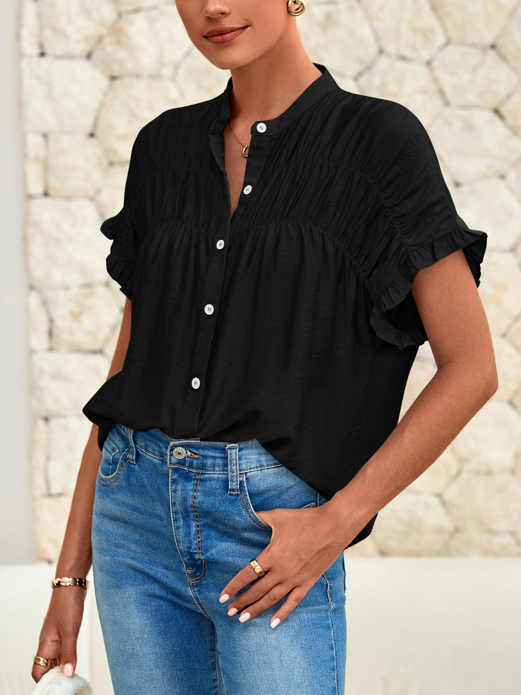 FreshPretty Womens Button Down Shirts Ruffle Short Sleeve Loose Summer Tops Dressy Casual V Neck Business Work Blouses