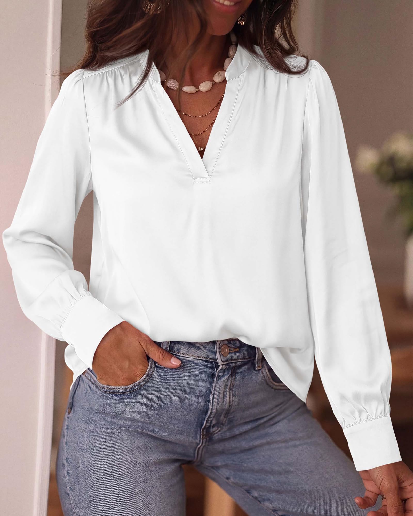 BTFBM Satin Blouses for Women Dressy Casual | Lightweight,V Neck,Long Sleeve Tops,Going Out Outfits,Fall Fashion Clothing