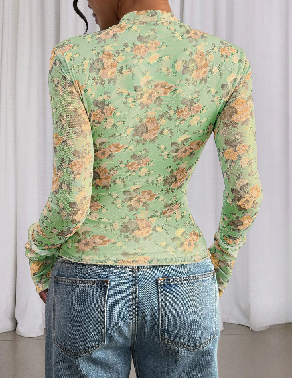 PRETTYGARDEN Womens Fall Mesh Floral Blouses Long Sleeve Going Out Tops Slim Fitted Shirts Date Night Outfits